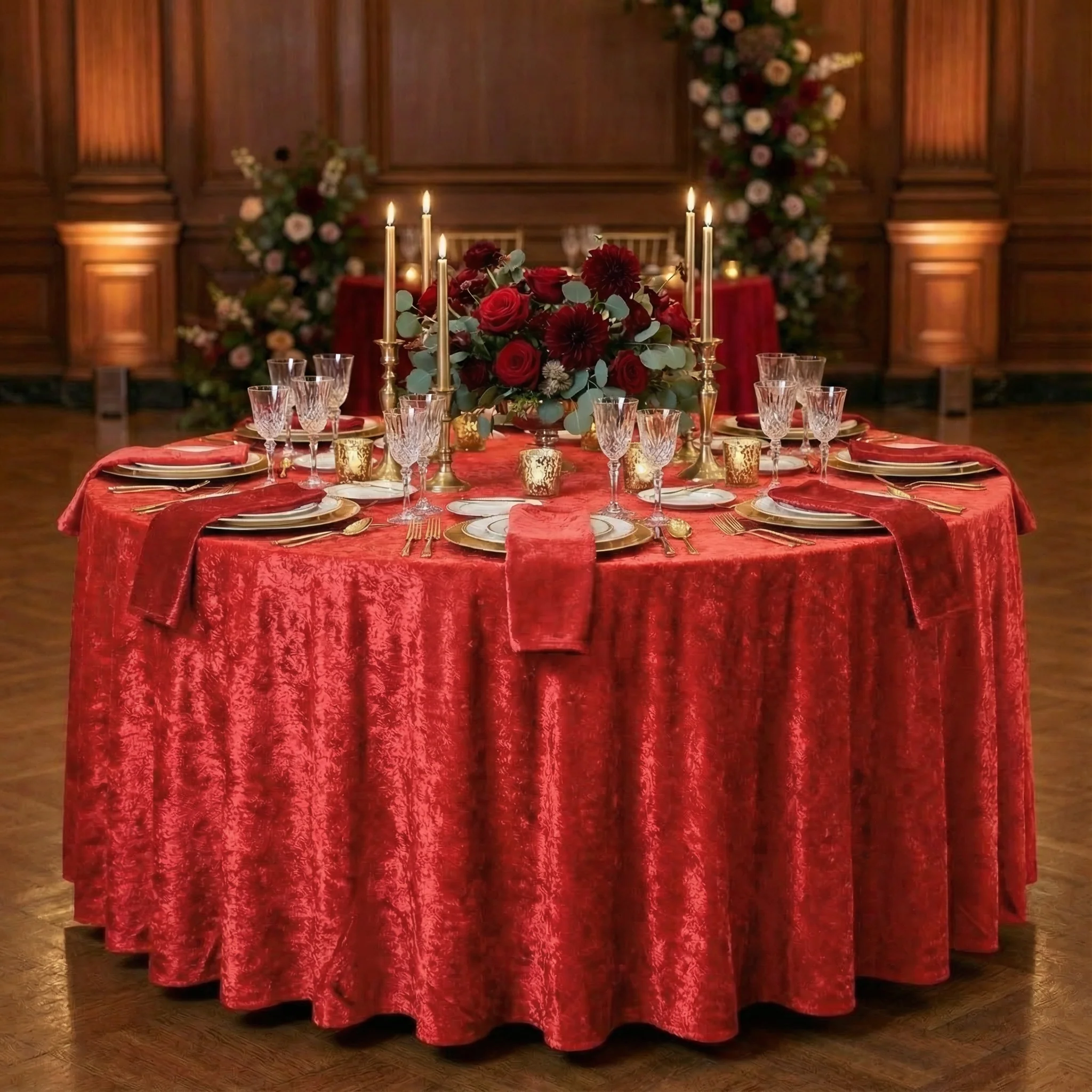 Velvet 120" Round Tablecloth - Red - Image 2