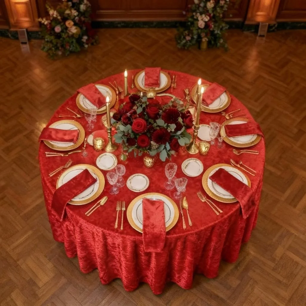 Velvet 120" Round Tablecloth - Red - Image 3