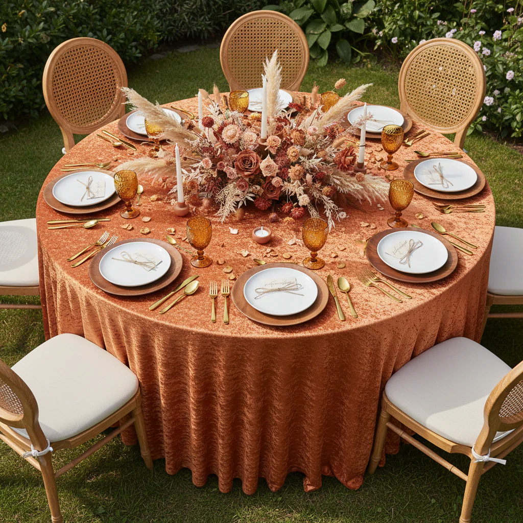 Velvet 120" Round Tablecloth - Rust - Image 2