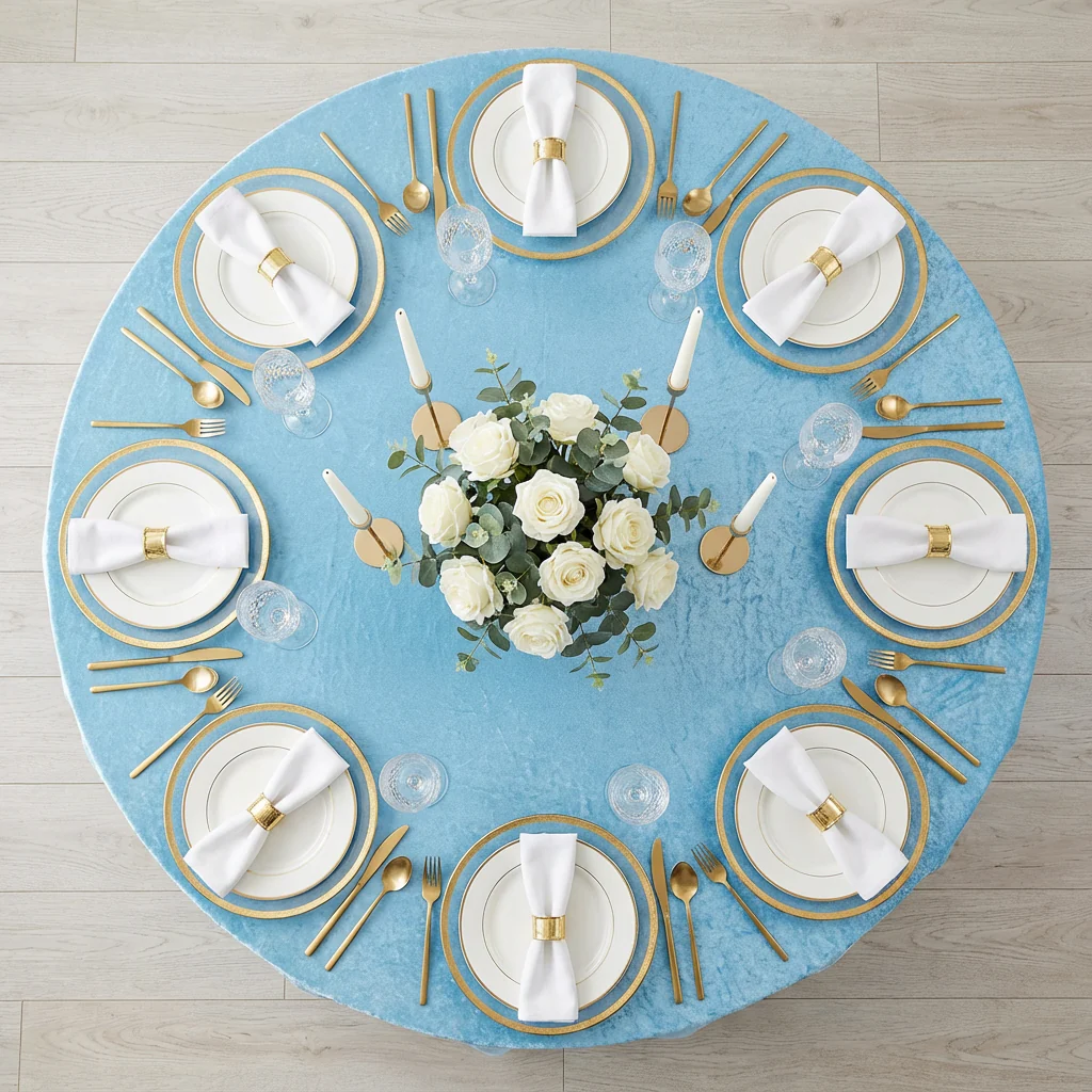 Velvet 120" Round Tablecloth - Baby Blue - Image 3