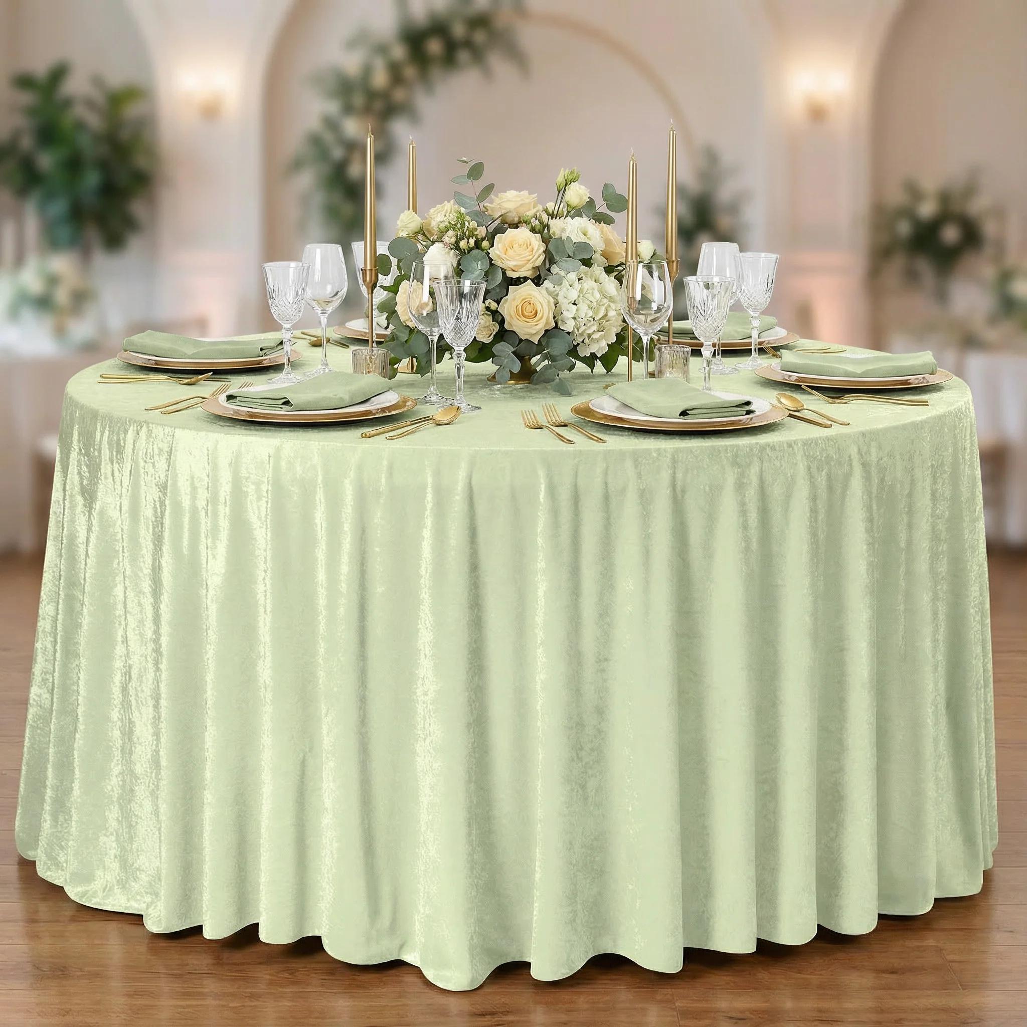 Velvet 120" Round Tablecloth - Sage Green - Image 2