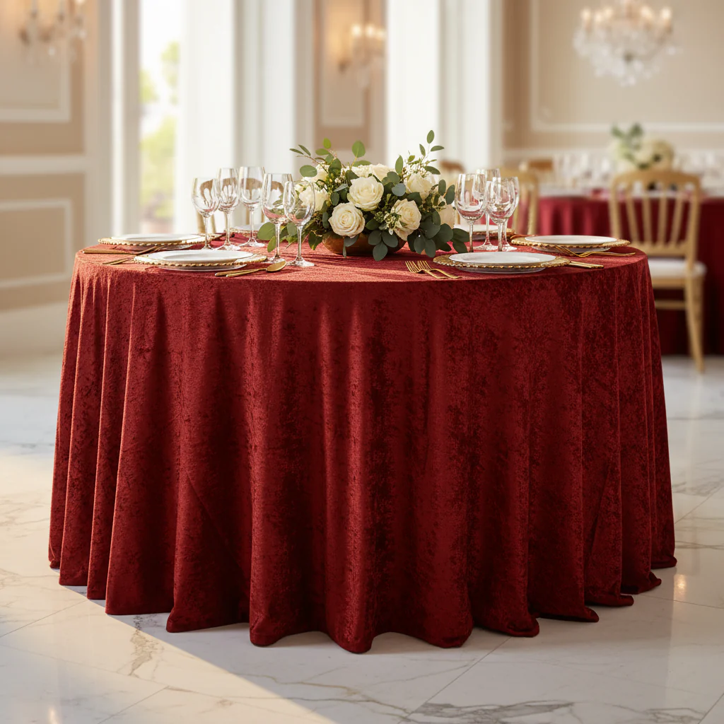 Velvet 132" Round Tablecloth - Apple Red - Image 4