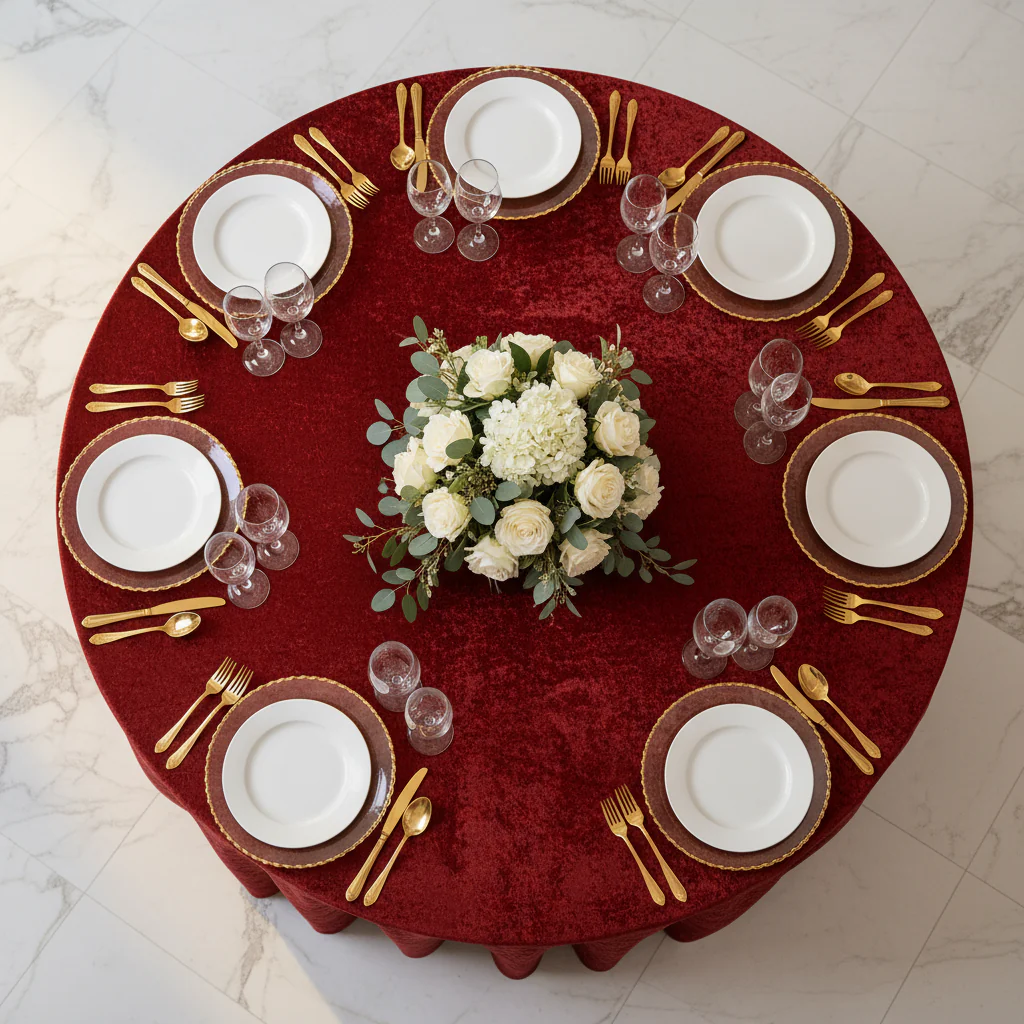 Velvet 132" Round Tablecloth - Apple Red - Image 5