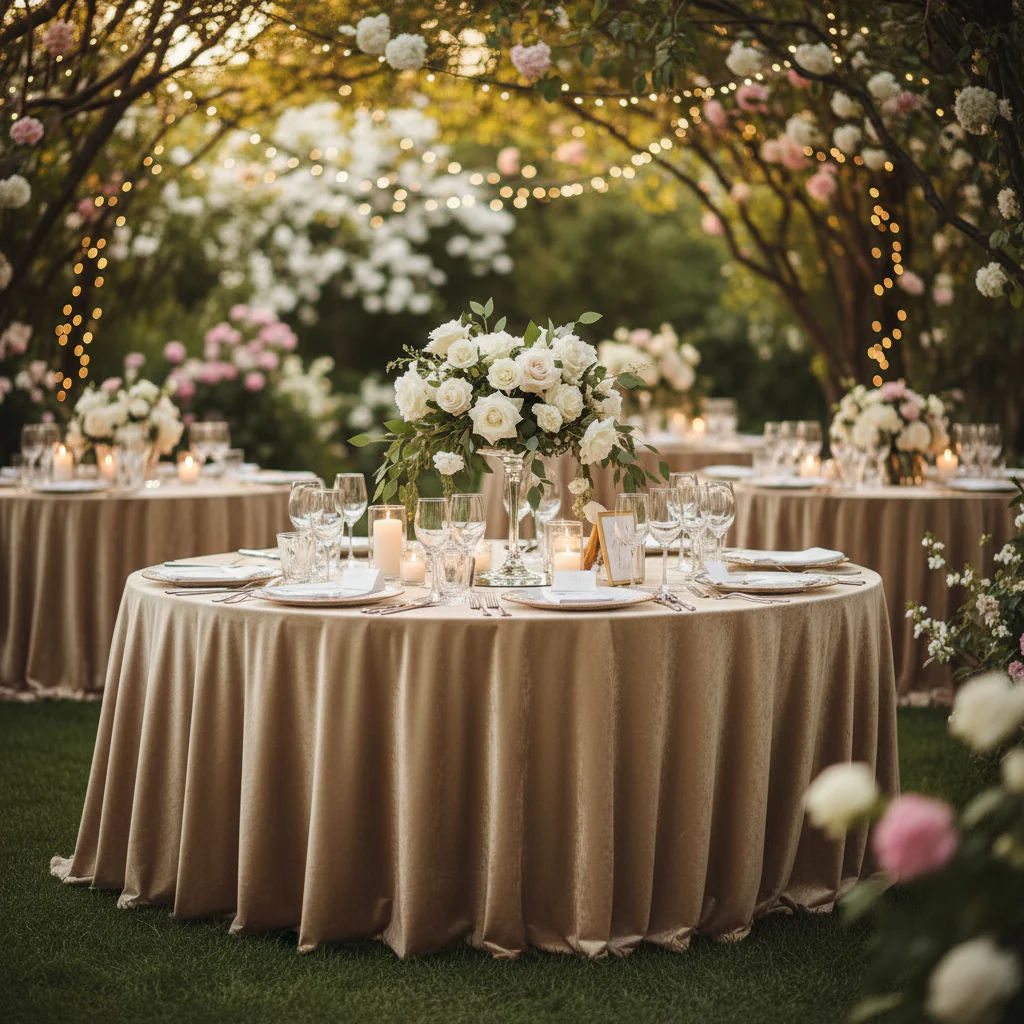 Velvet 132" Round Tablecloth - Beige - Image 2