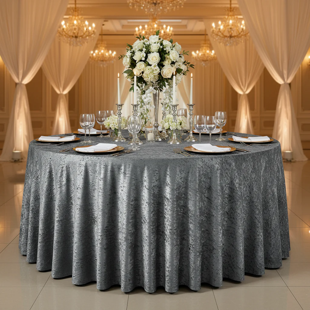 Velvet 132" Round Tablecloth - Charcoal - Image 2