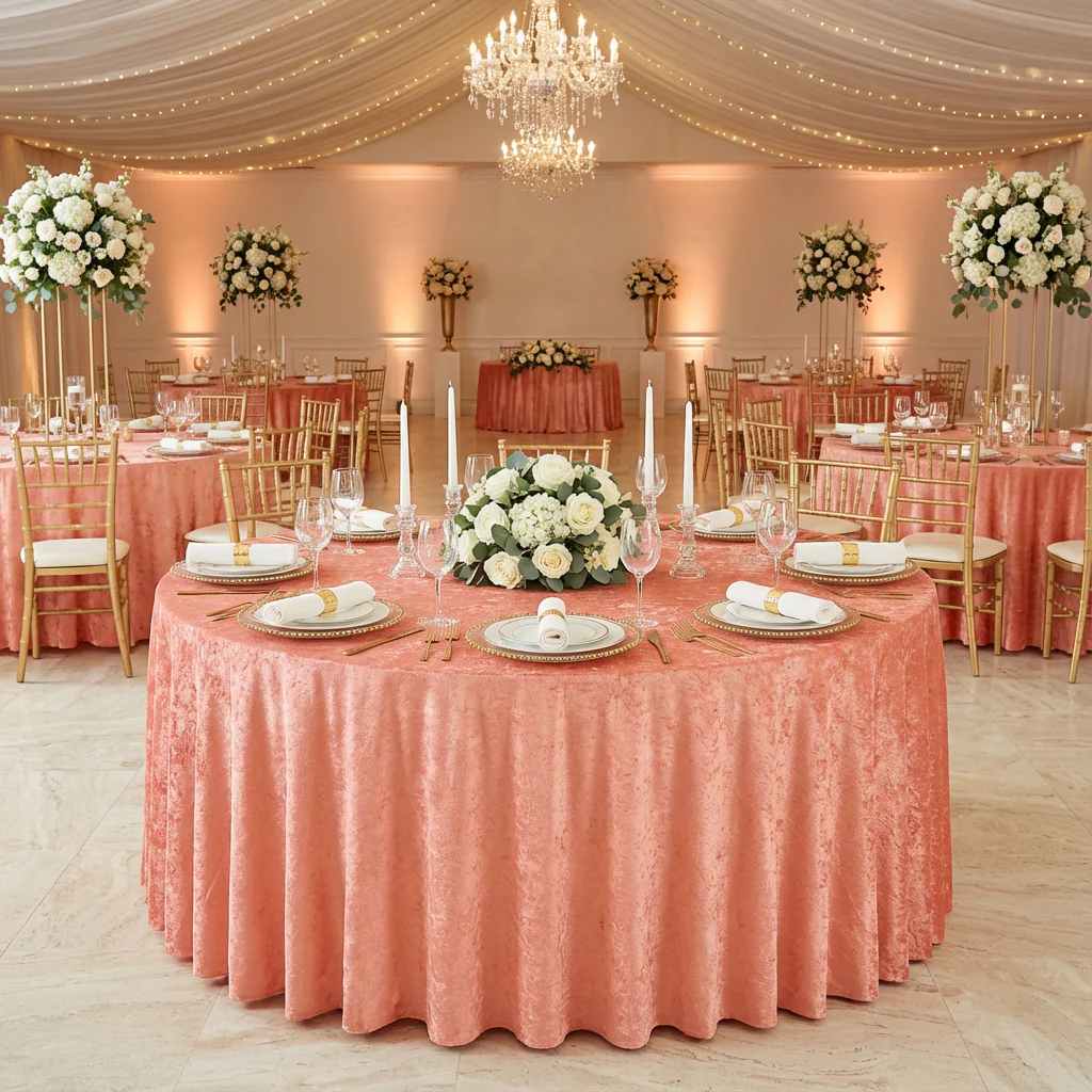 Velvet 132" Round Tablecloth - Coral - Image 2