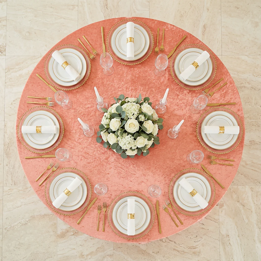 Velvet 132" Round Tablecloth - Coral - Image 3