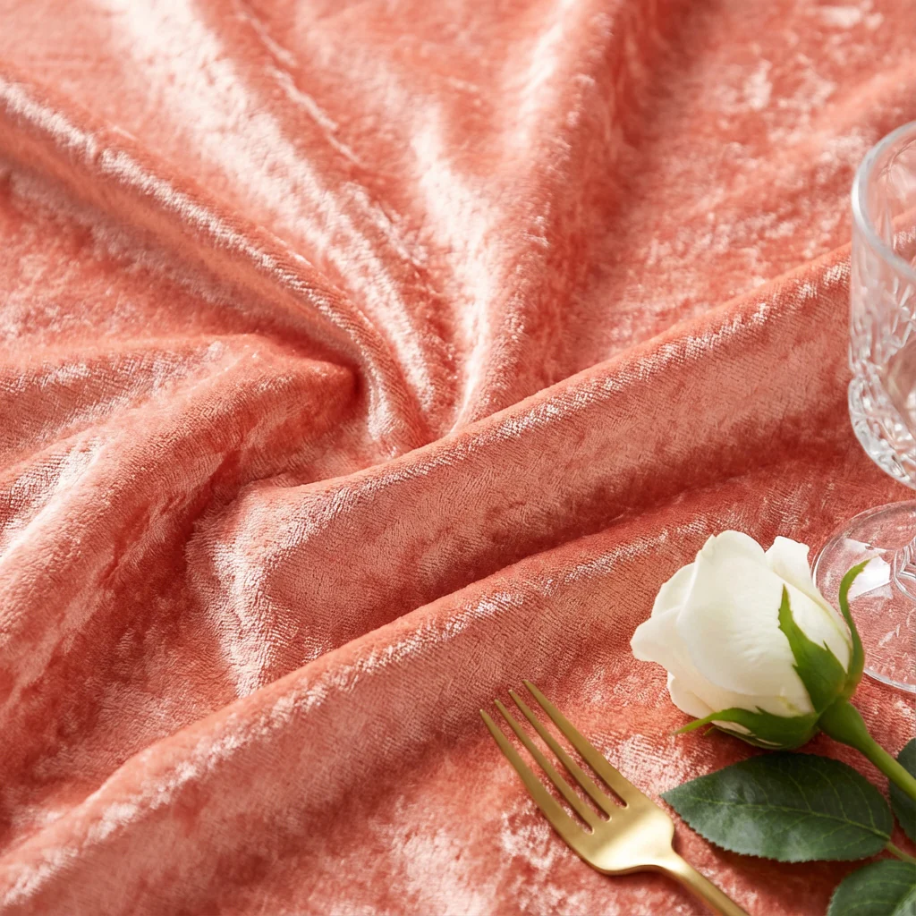 Velvet 132" Round Tablecloth - Coral - Image 5