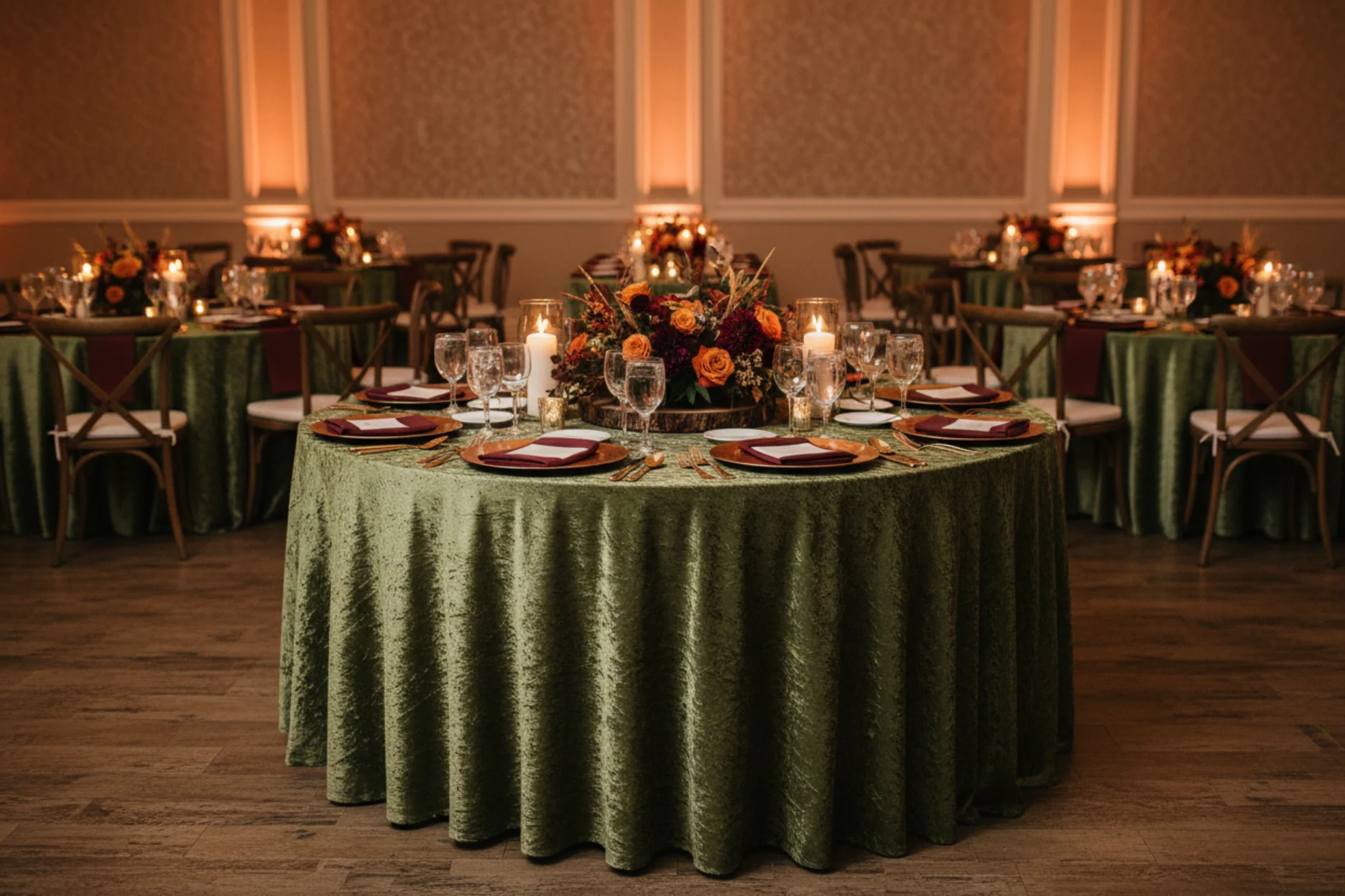 Velvet 132" Round Tablecloth - Dark Sage Green - Image 3