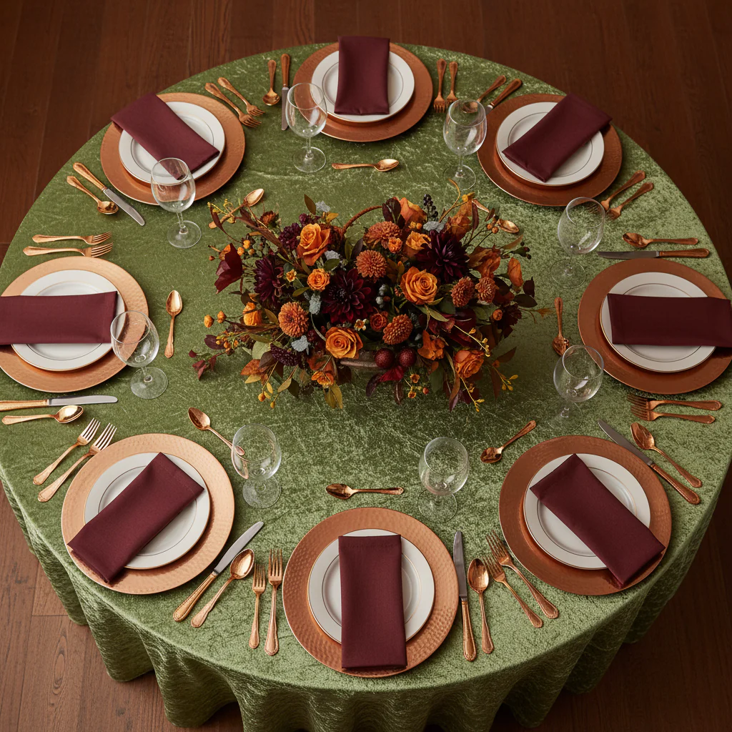 Velvet 132" Round Tablecloth - Dark Sage Green - Image 4