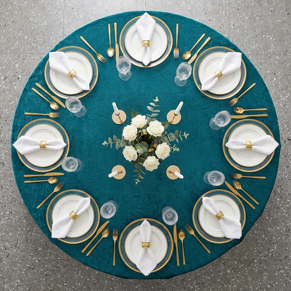 Velvet 120" Round Tablecloth - Dark Turquoise - Image 3