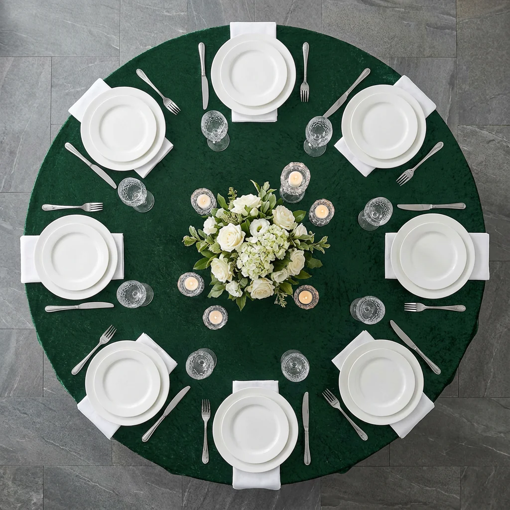 Velvet 132" Round Tablecloth - Emerald Green - Image 5