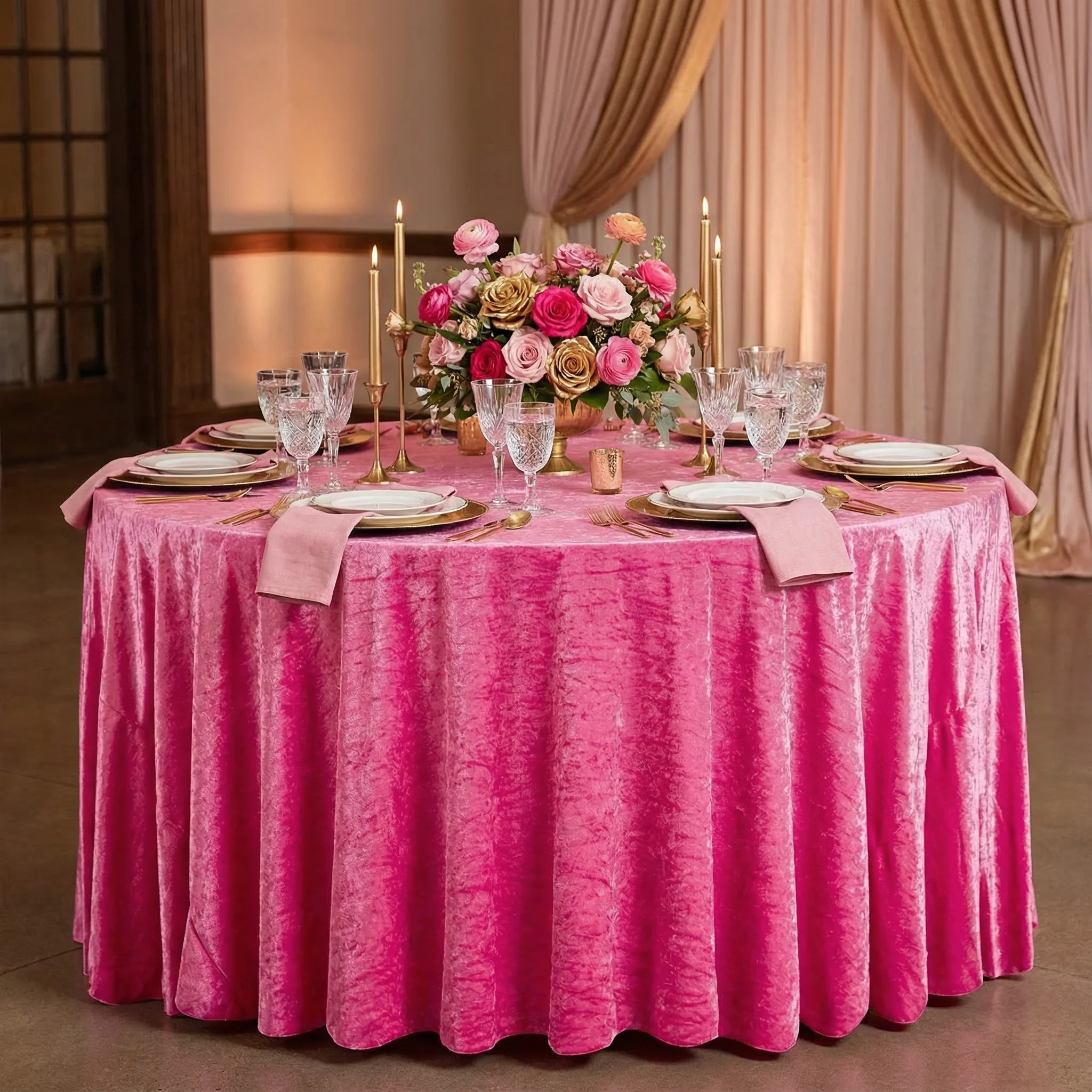 Velvet 132" Round Tablecloth - Fuchsia - Image 2