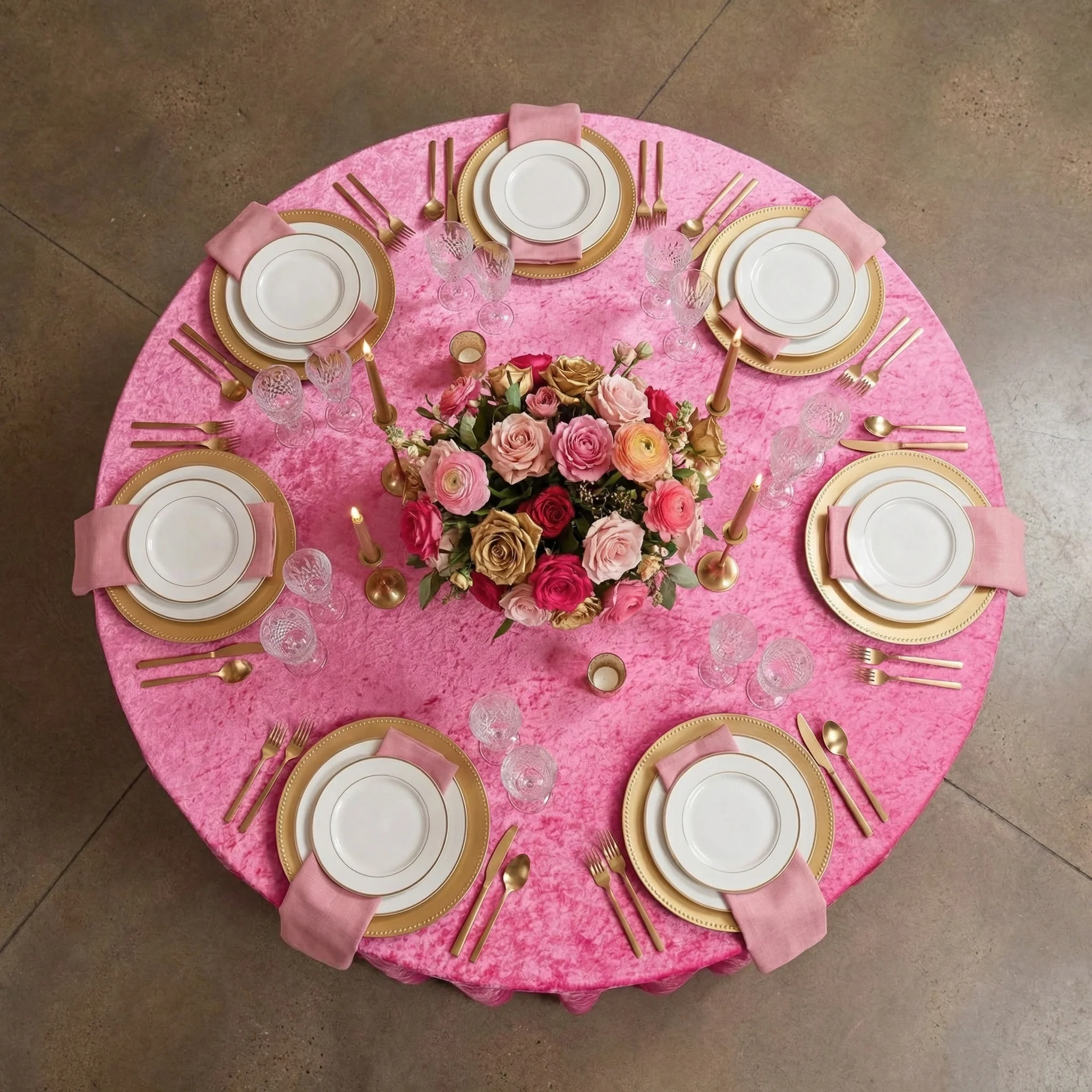 Velvet 132" Round Tablecloth - Fuchsia - Image 3