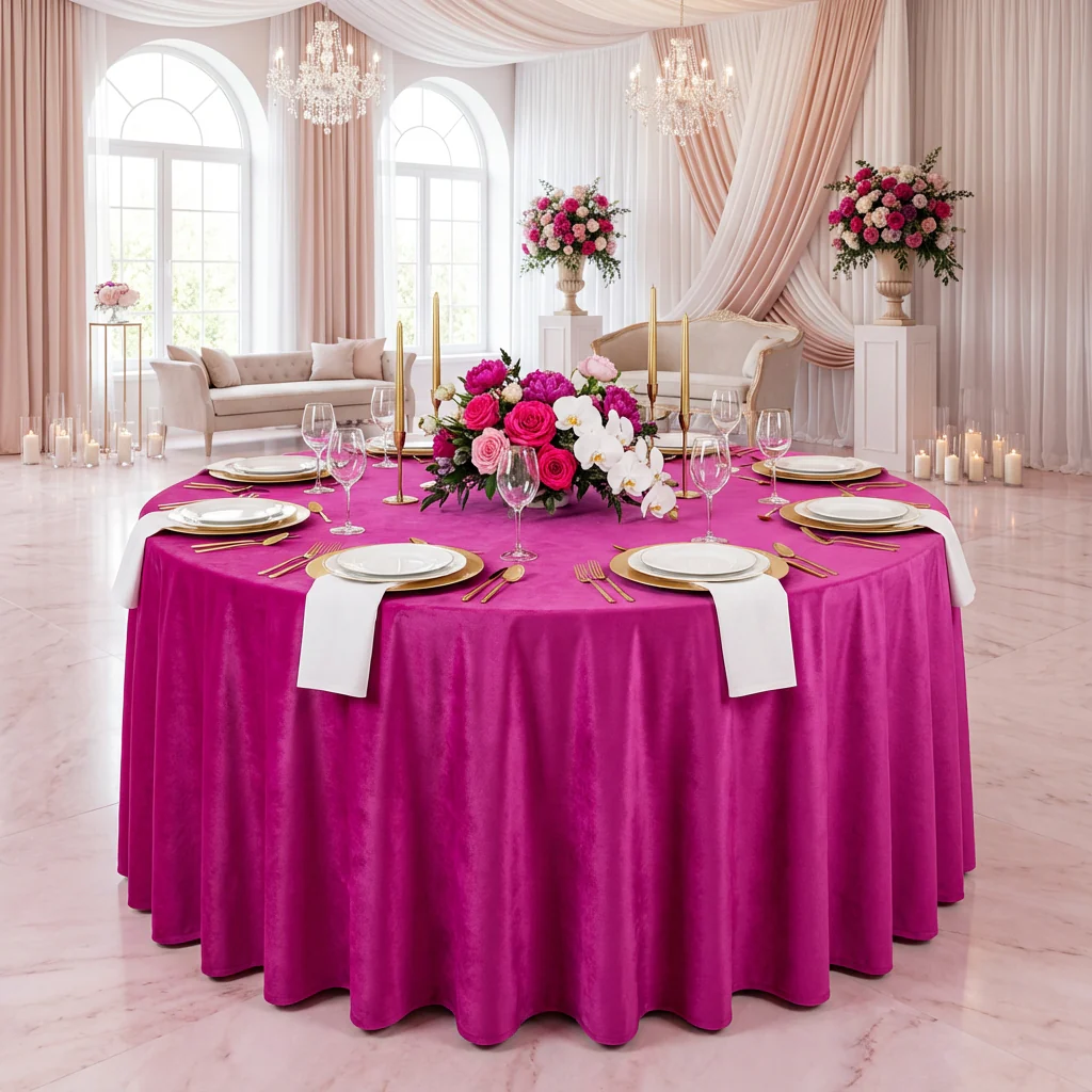 Velvet 132" Round Tablecloth - Magenta - Image 2