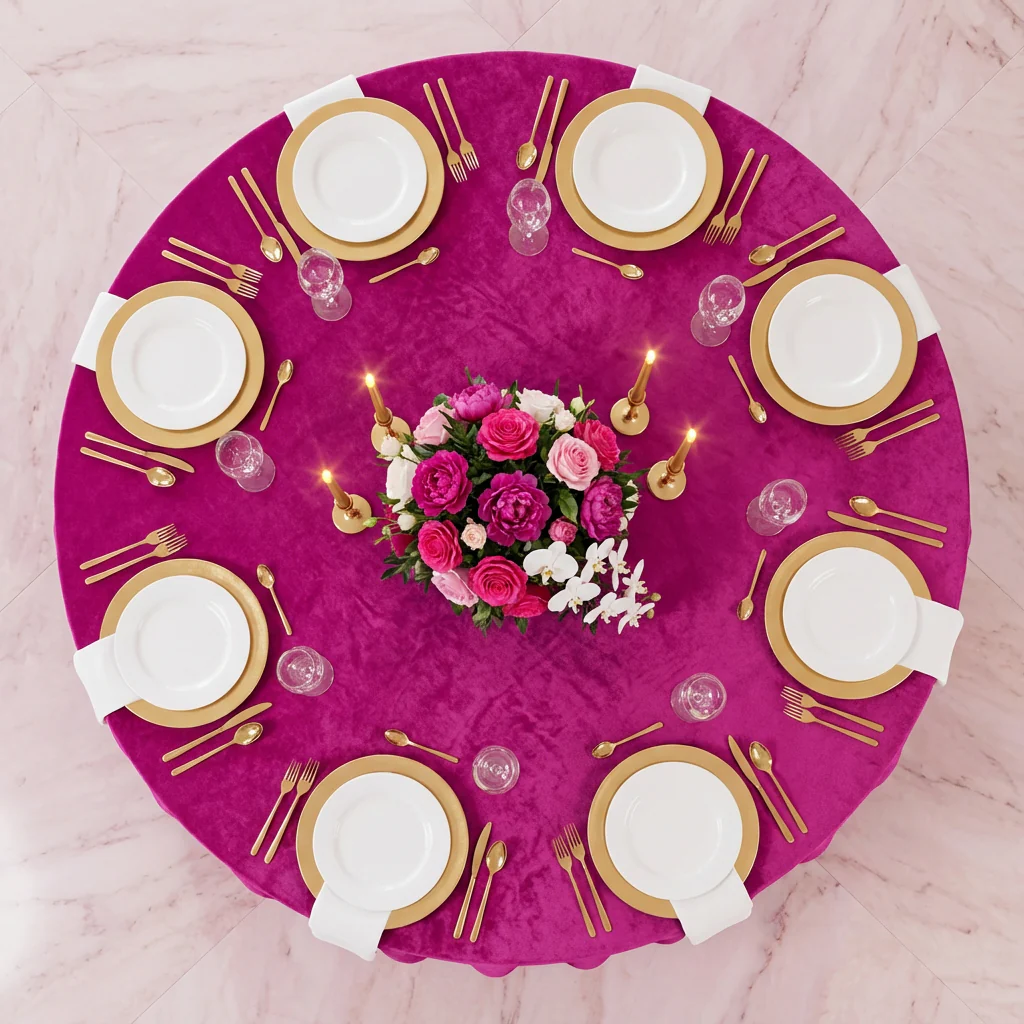 Velvet 132" Round Tablecloth - Magenta - Image 3