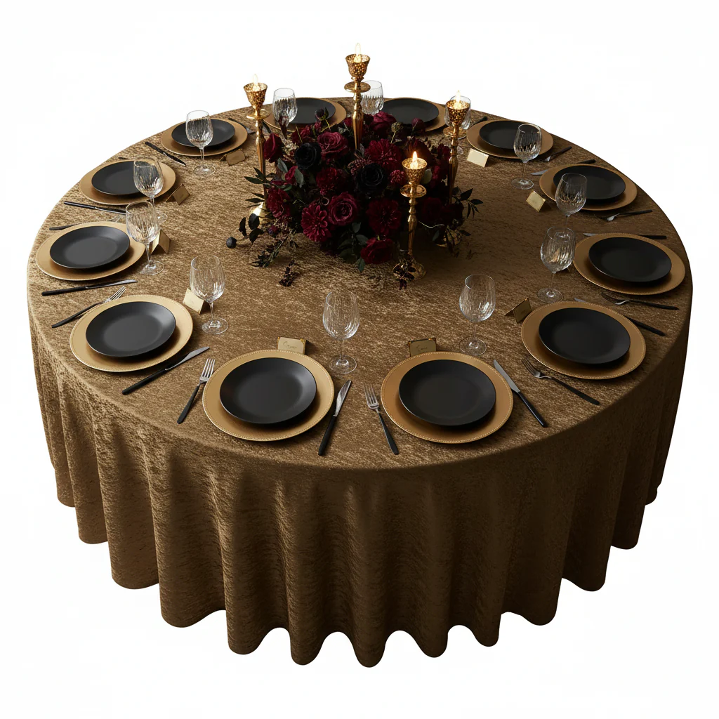 Velvet 132" Round Tablecloth - Mocha Brown - Image 4