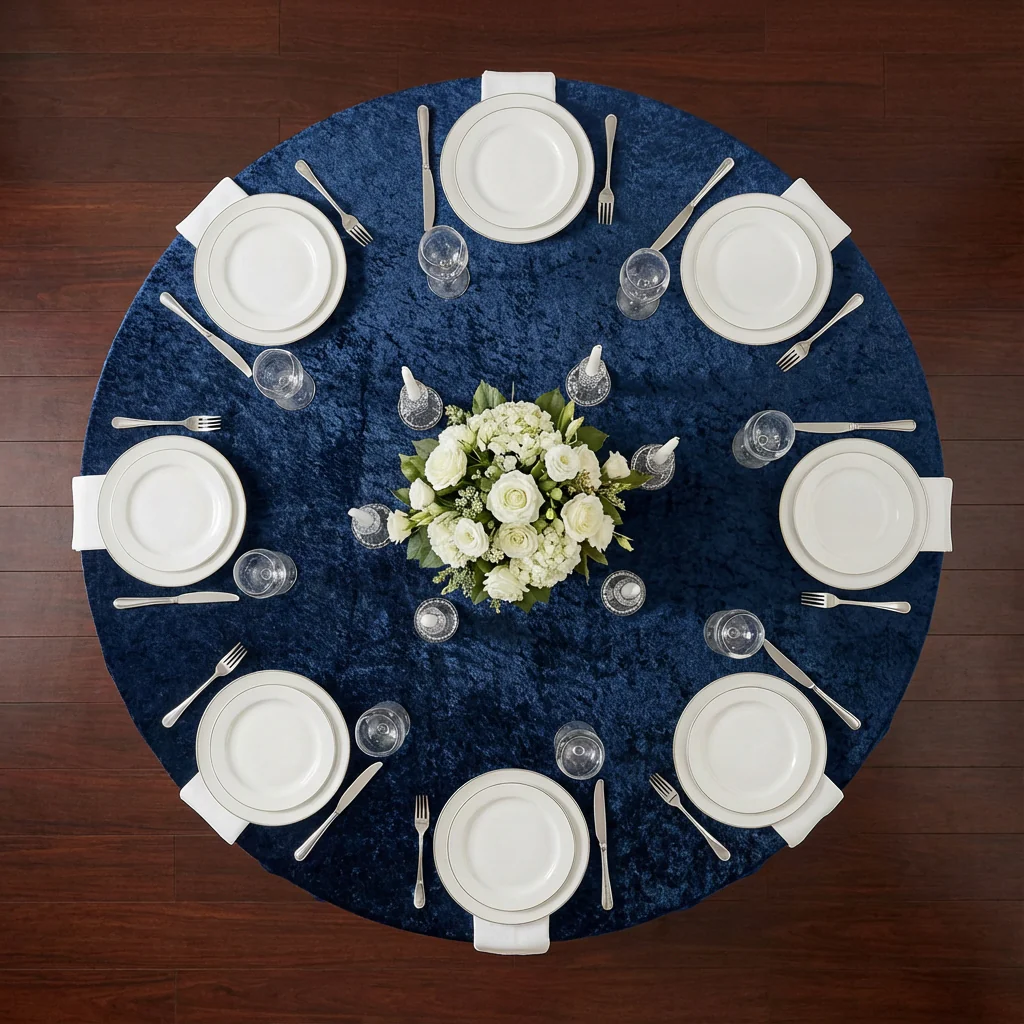 Velvet 132" Round Tablecloth - Navy Blue - Image 3