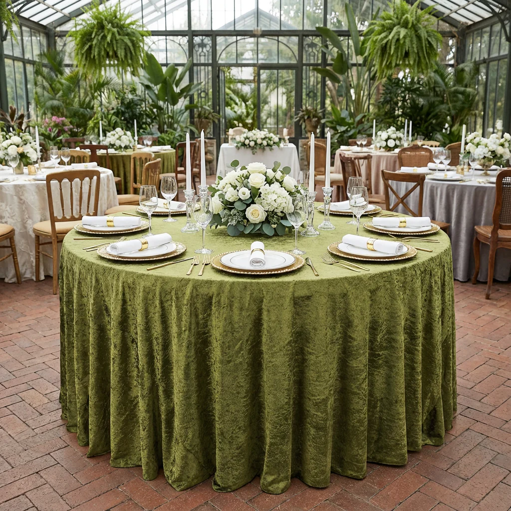 Velvet 132" Round Tablecloth - Olive Green - Image 2