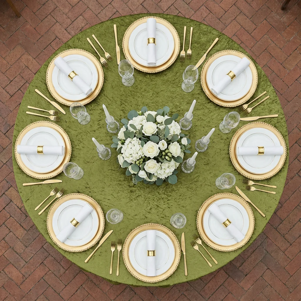 Velvet 132" Round Tablecloth - Olive Green - Image 3