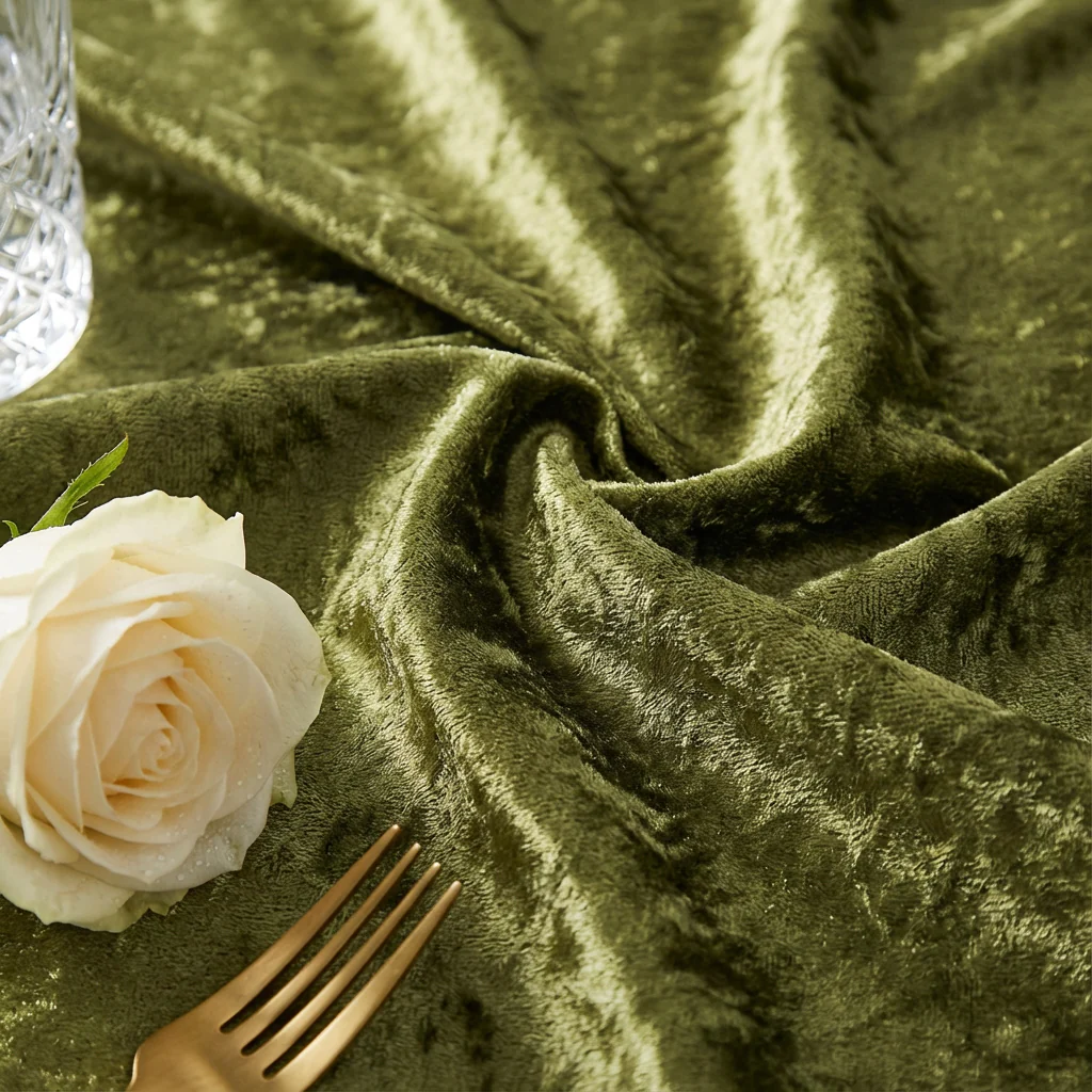 Velvet 132" Round Tablecloth - Olive Green - Image 9