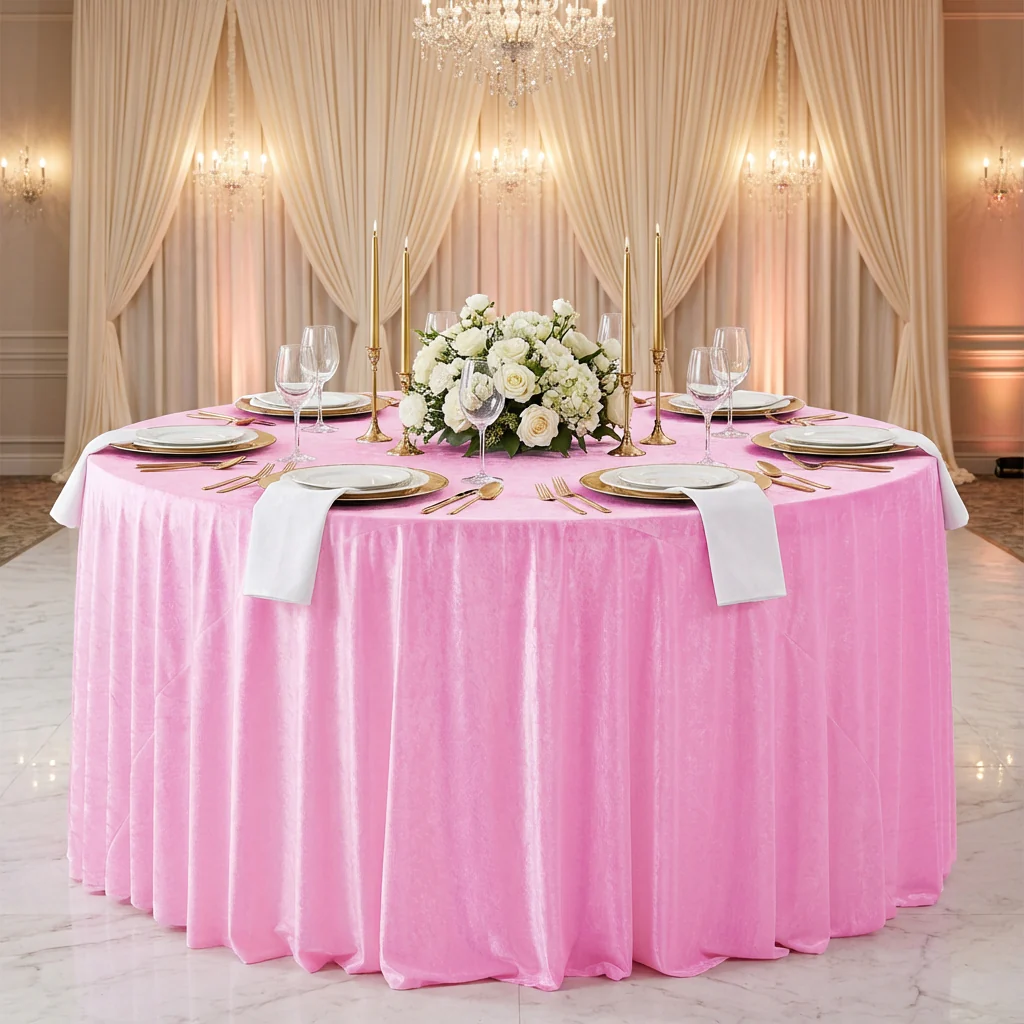 Velvet 132" Round Tablecloth - Pink - Image 2