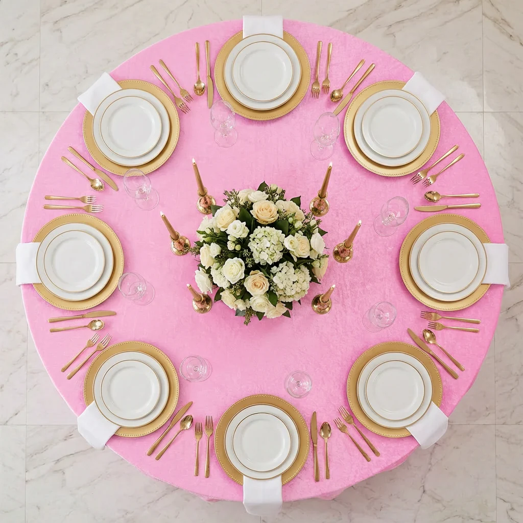 Velvet 132" Round Tablecloth - Pink - Image 3