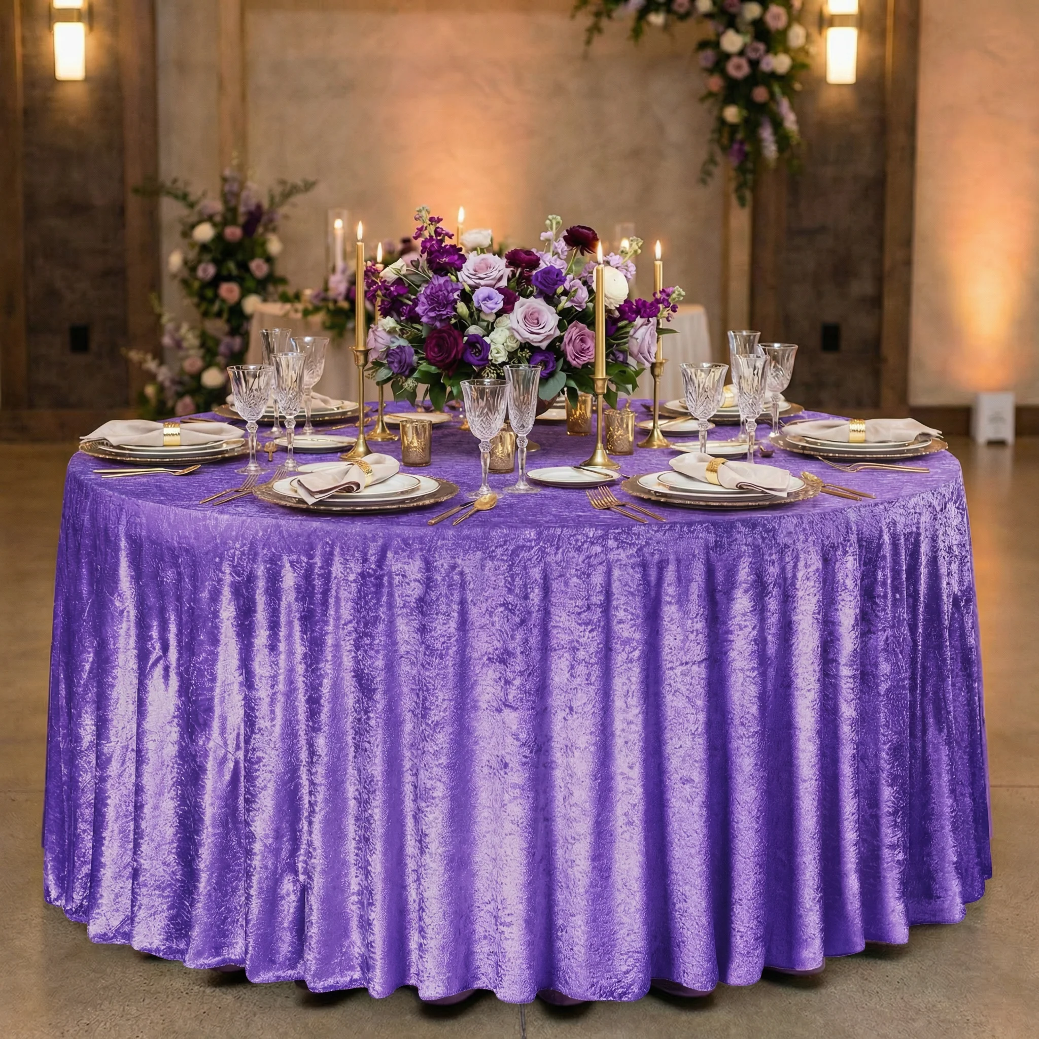 Velvet 132" Round Tablecloth - Purple - Image 2