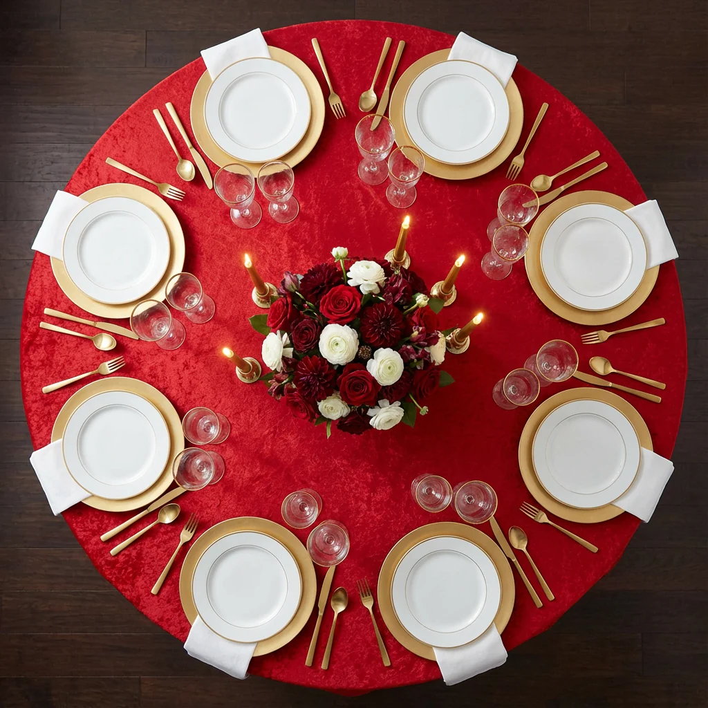Velvet 132" Round Tablecloth - Red - Image 2