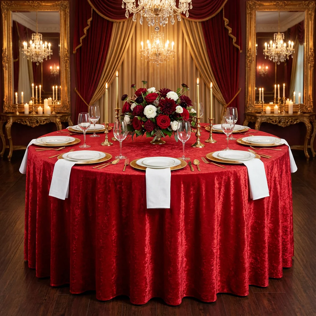 Velvet 132" Round Tablecloth - Red - Image 3