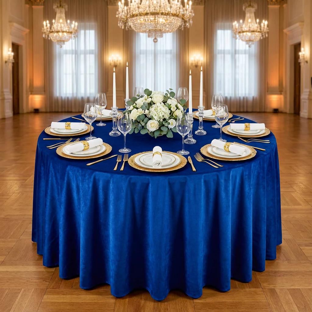 Velvet 132" Round Tablecloth - Royal Blue - Image 2