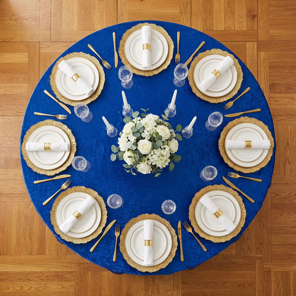 Velvet 132" Round Tablecloth - Royal Blue - Image 3
