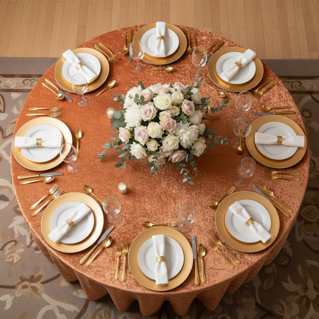 Velvet 132" Round Tablecloth - Rust - Image 3