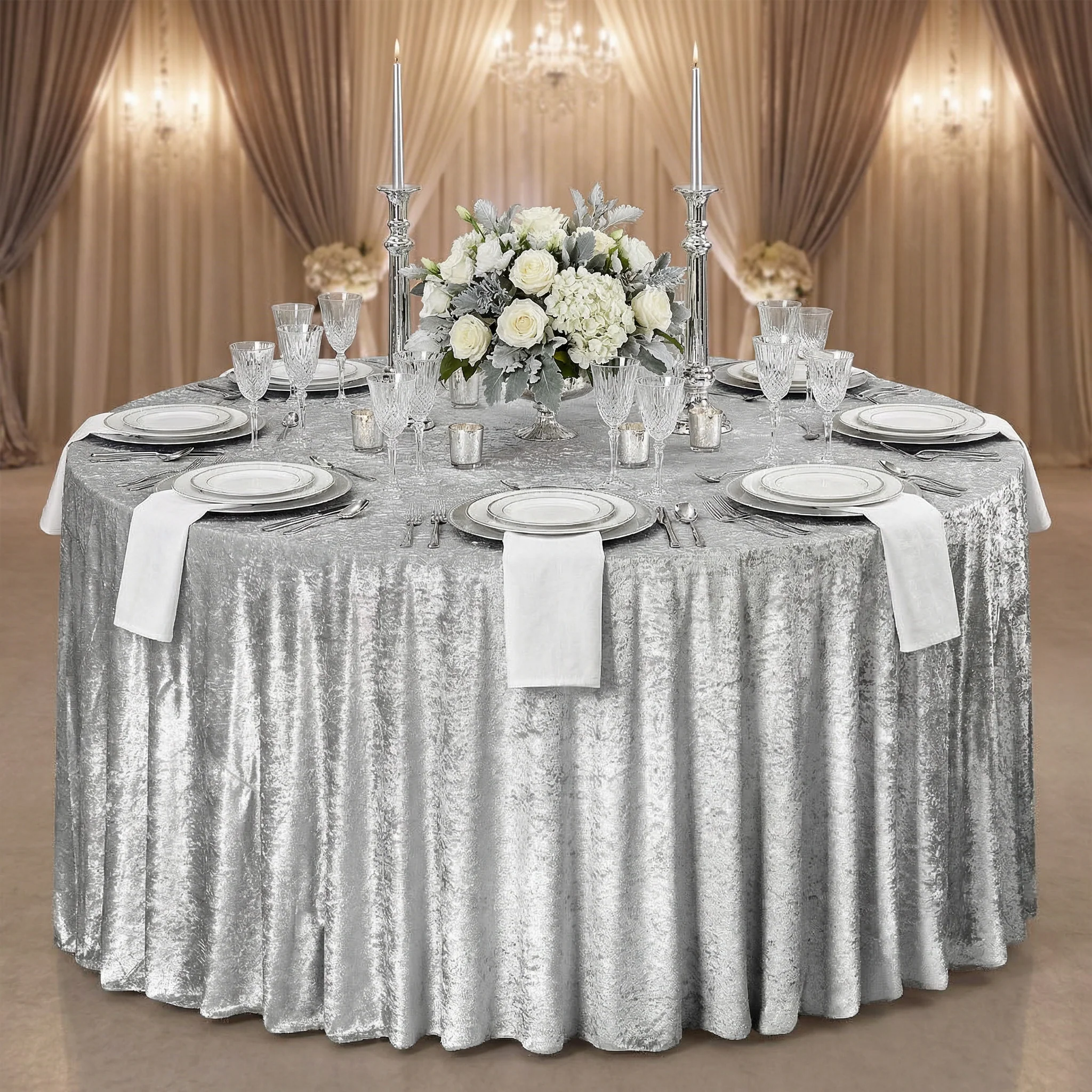 Velvet 132" Round Tablecloth - Silver - Image 2