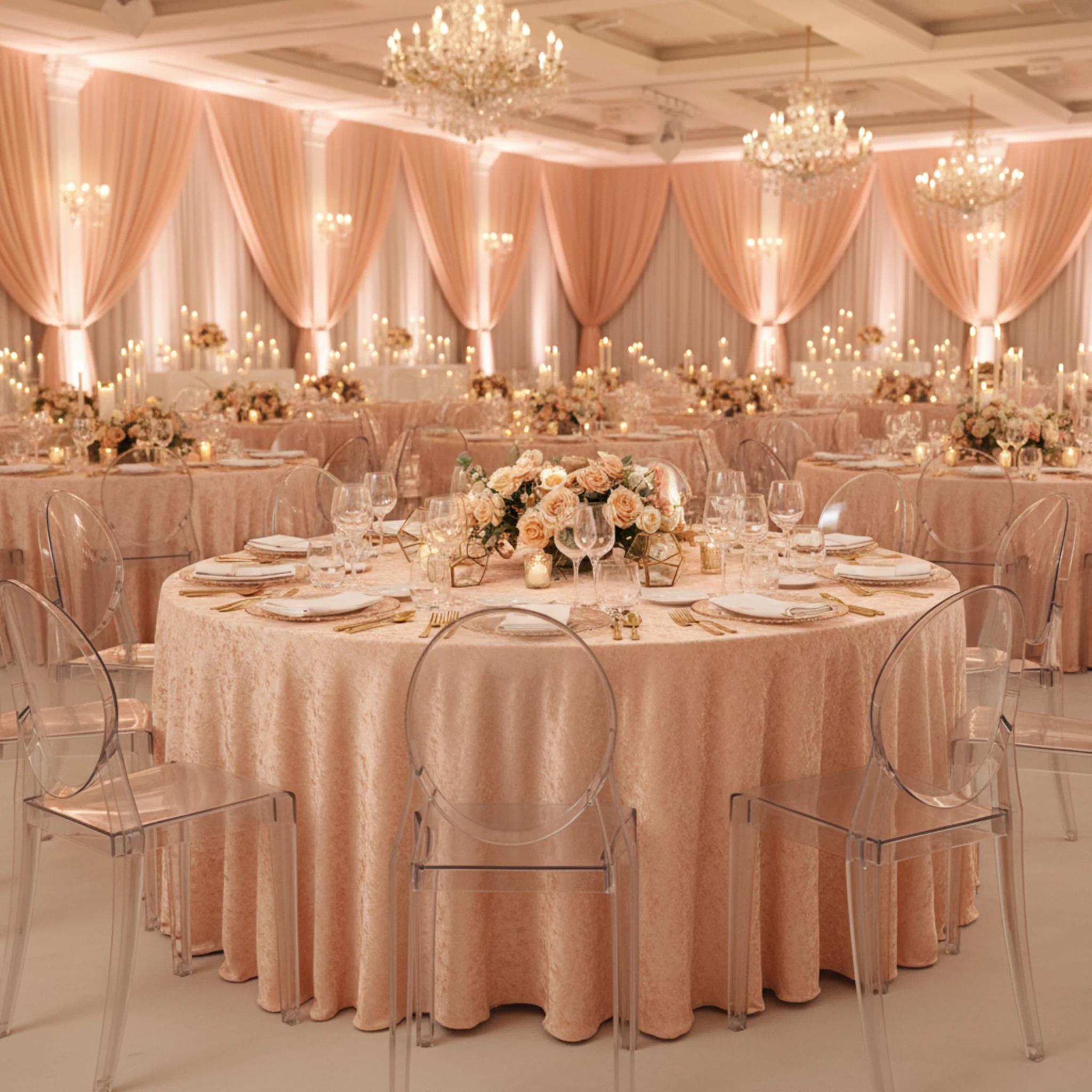 Velvet 132" Round Tablecloth - Peach - Image 5