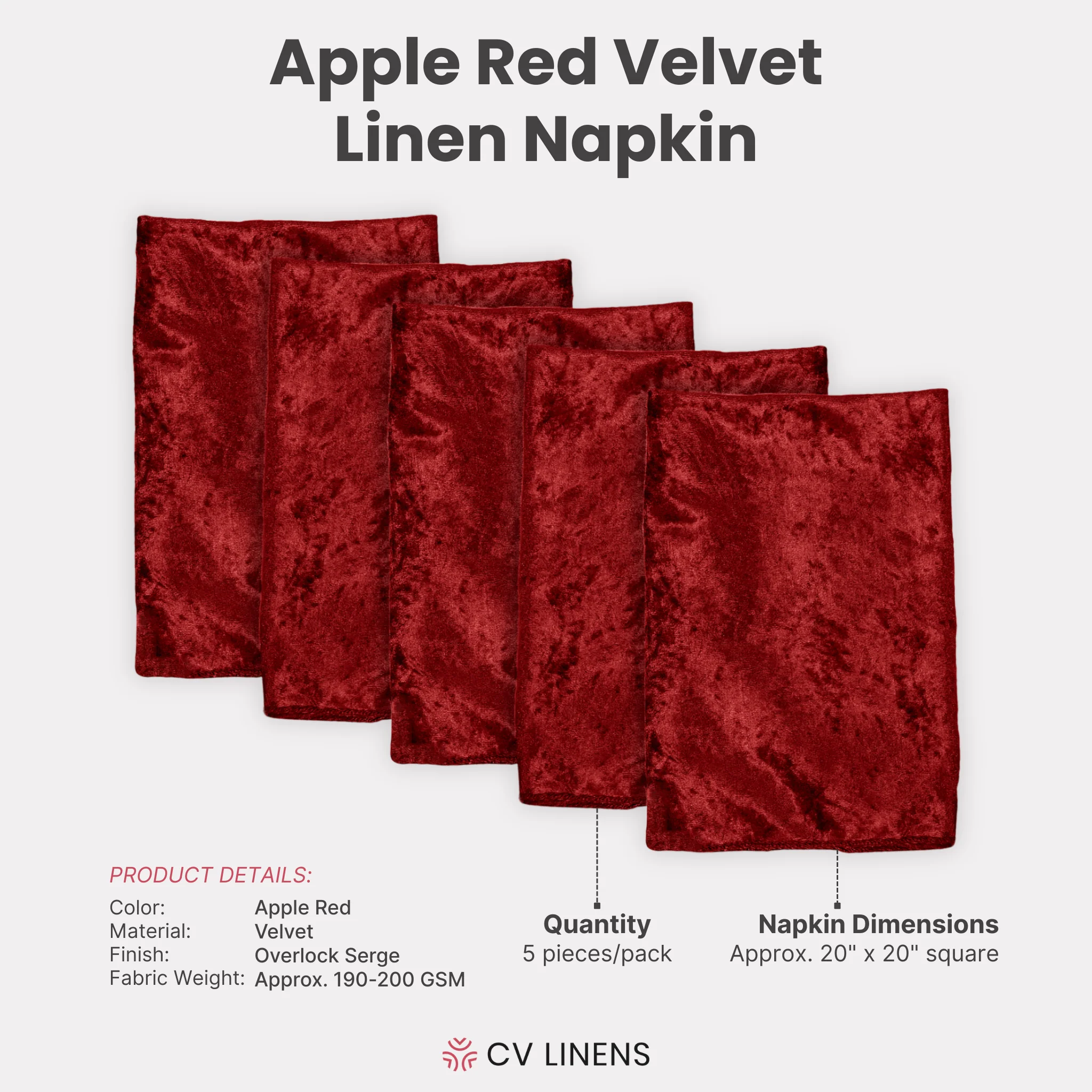 5 pcs/pk Velvet 20"x20" Linen Napkin - Apple Red - Image 3