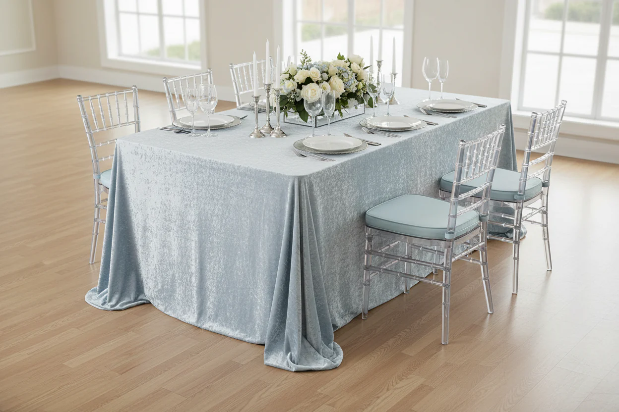 Velvet 90"x132" Rectangular Tablecloth - Dusty Blue - Image 3