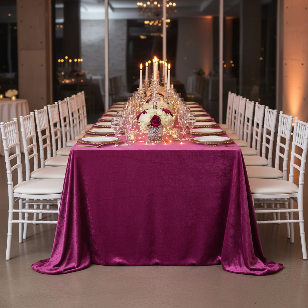 Velvet 90"x132" Rectangular Tablecloth - Magenta - Image 3