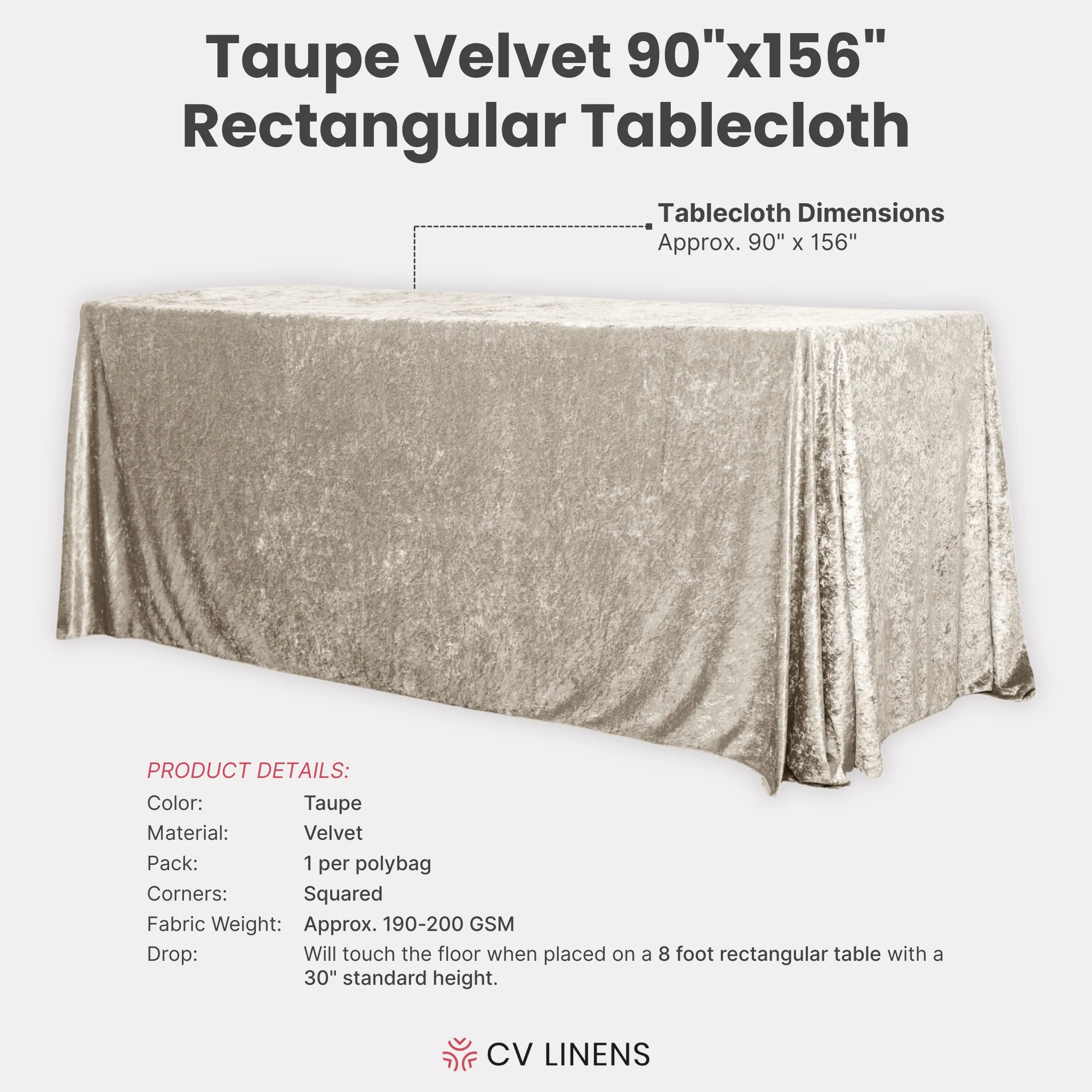 Velvet 90"x156" Rectangular Tablecloth - Taupe - Image 4
