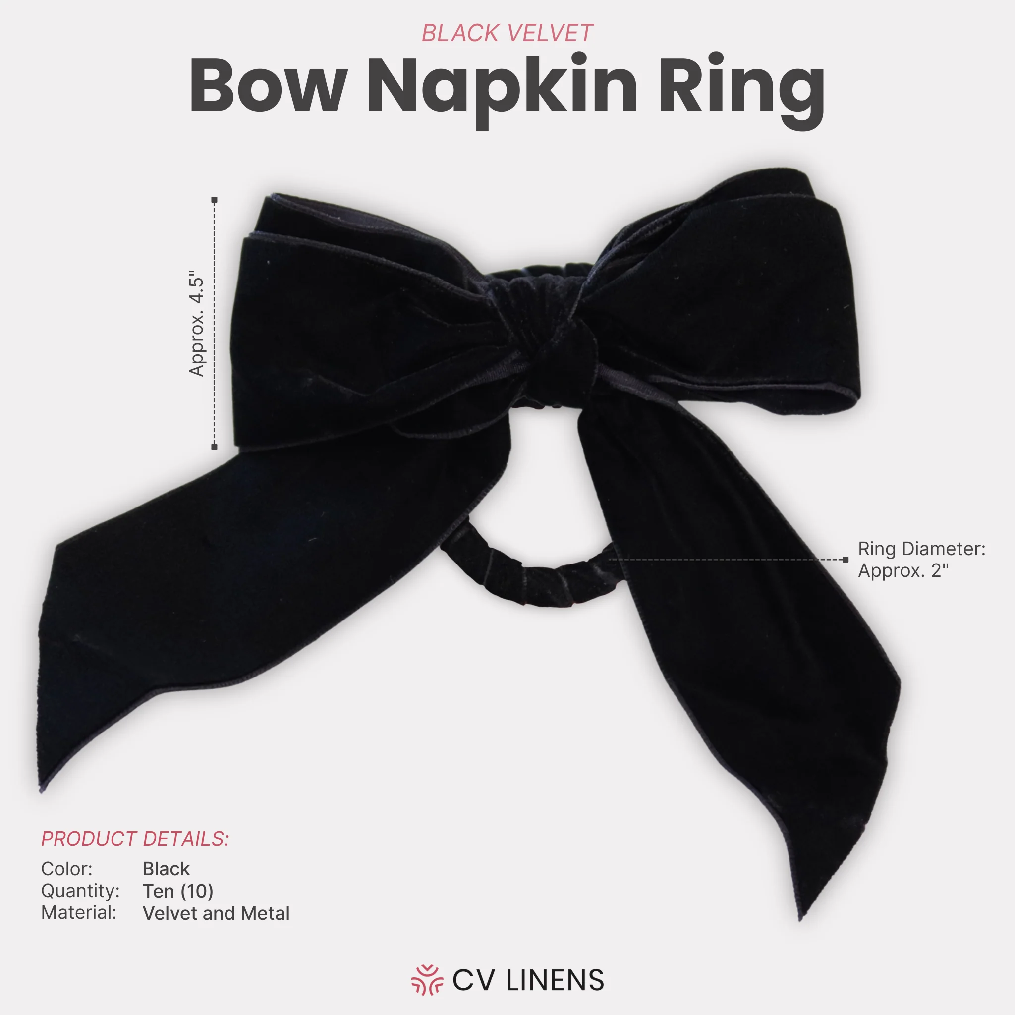 10 pc/pk Velvet Bow-Tie Napkin Ring - Black - Image 2