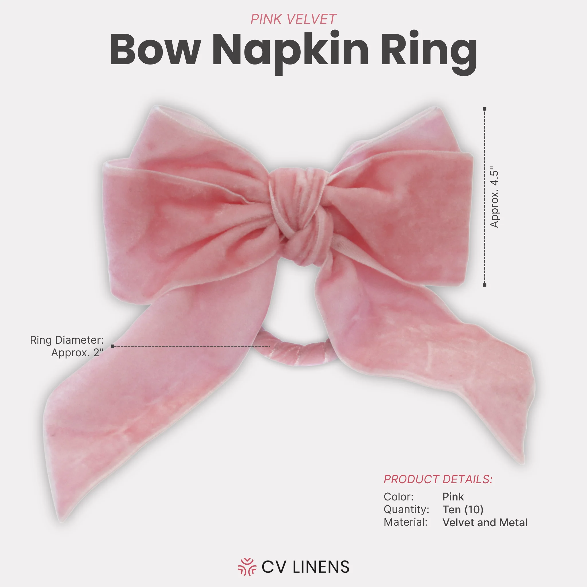 10 pc/pk Velvet Bow-Tie Napkin Ring - Pink - Image 3