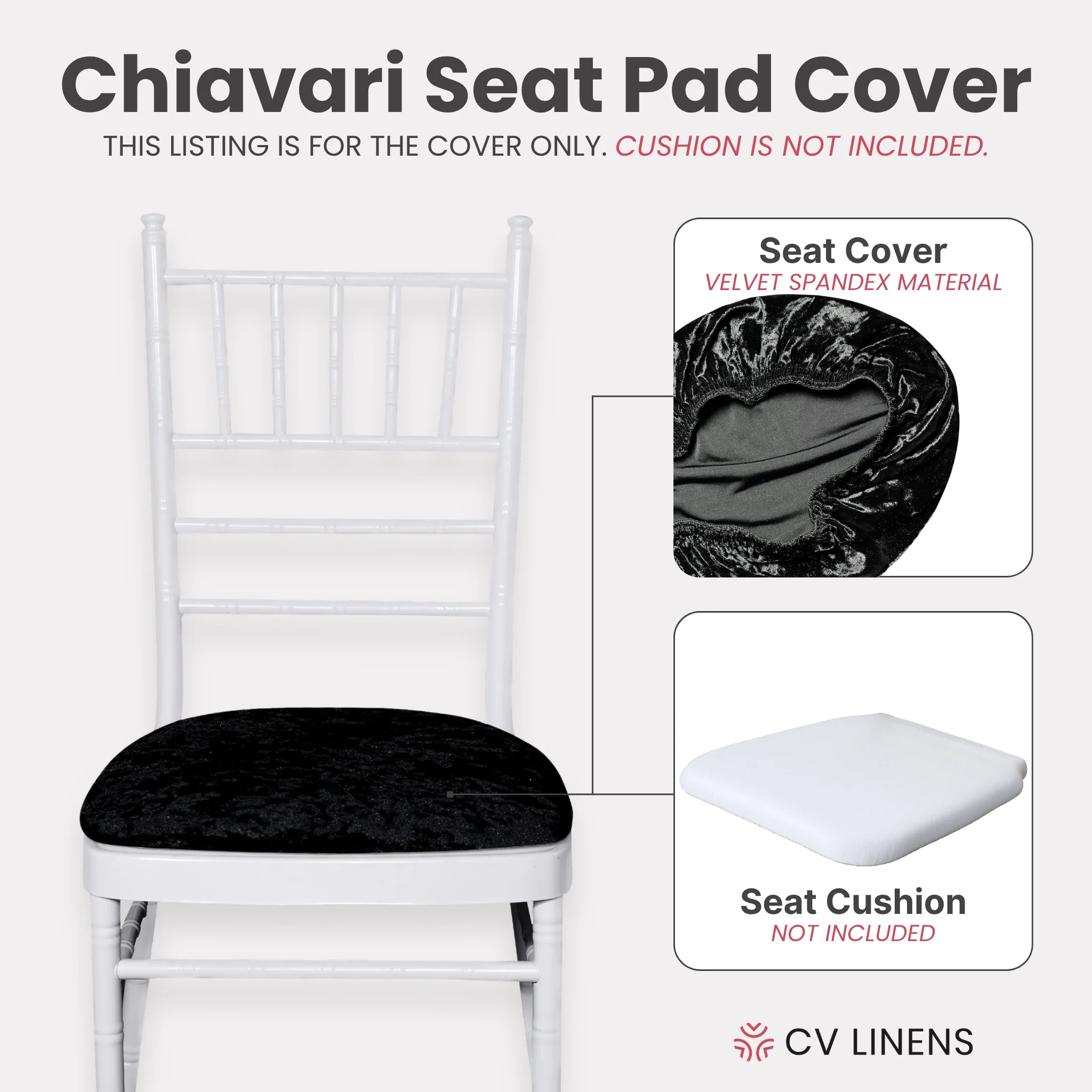 5 pcs/pk Velvet Spandex Chiavari Seat Pad Cover - Black - Image 3