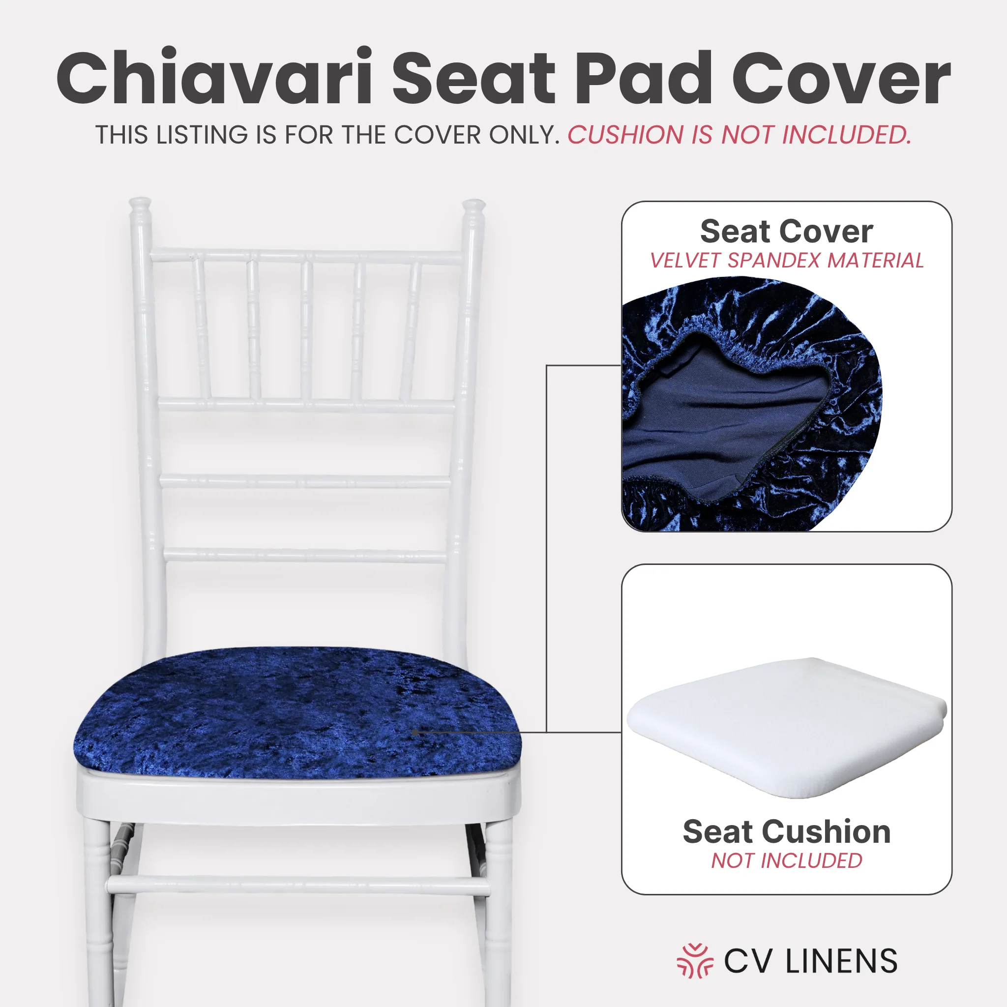 5 pcs/pk Velvet Spandex Chiavari Seat Pad Cover - Navy Blue - Image 3