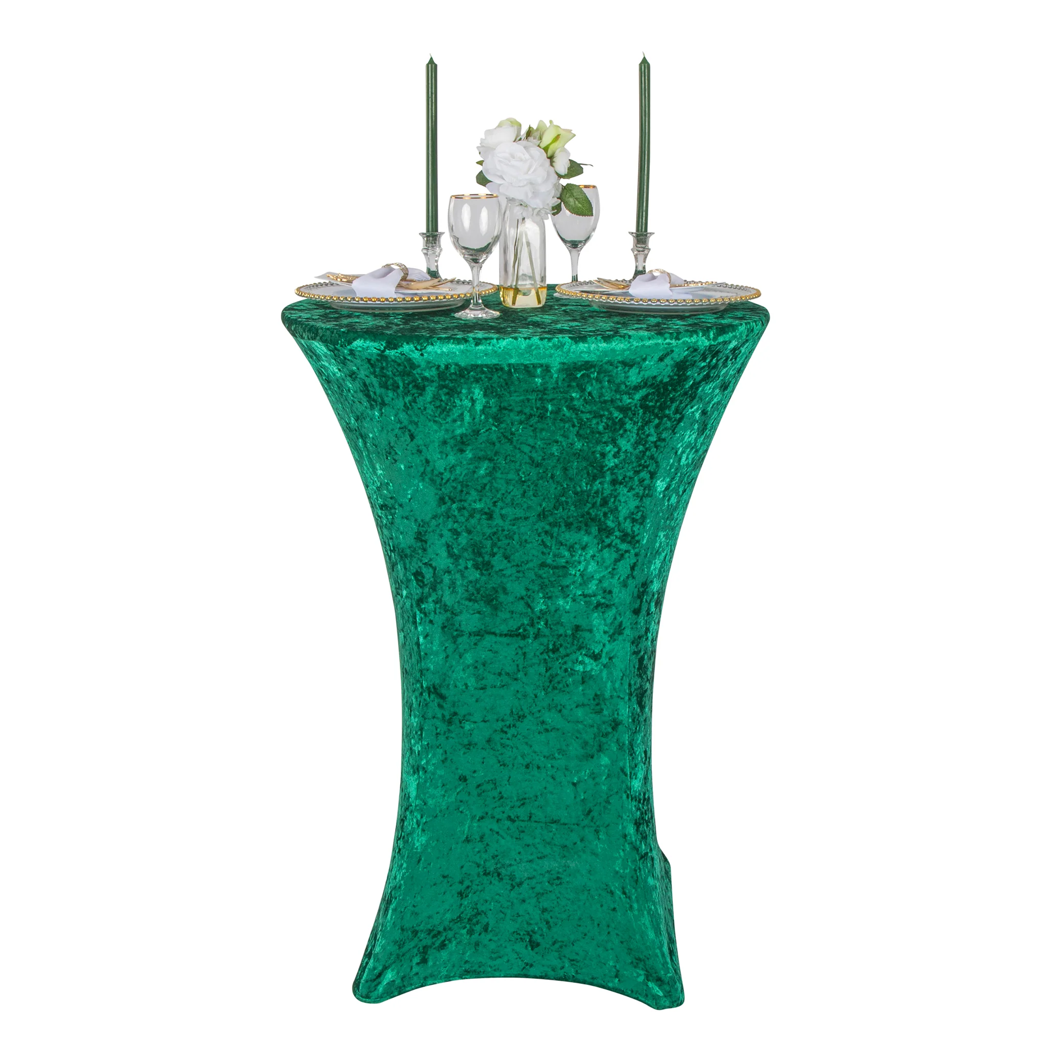 Velvet Spandex Cocktail Table Cover 32" Round - Emerald Green - Image 3
