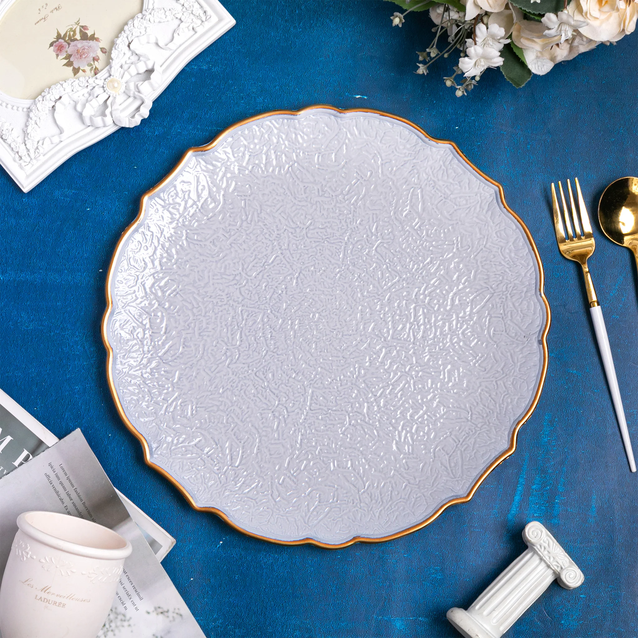 Victorian Embossed Acrylic Charger Plate - White Gold-Trimmed - Image 2