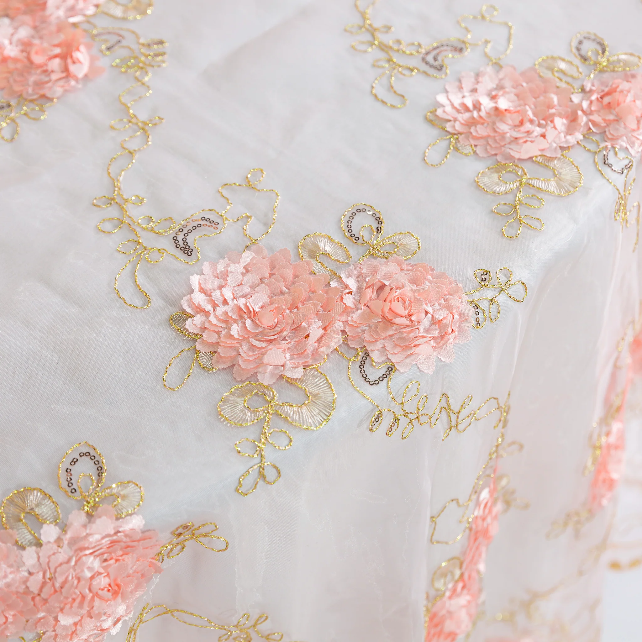 Vintage Veil Embroidery 108" Round Tablecloth/Overlay Topper - Blush/Rose Gold - Image 3