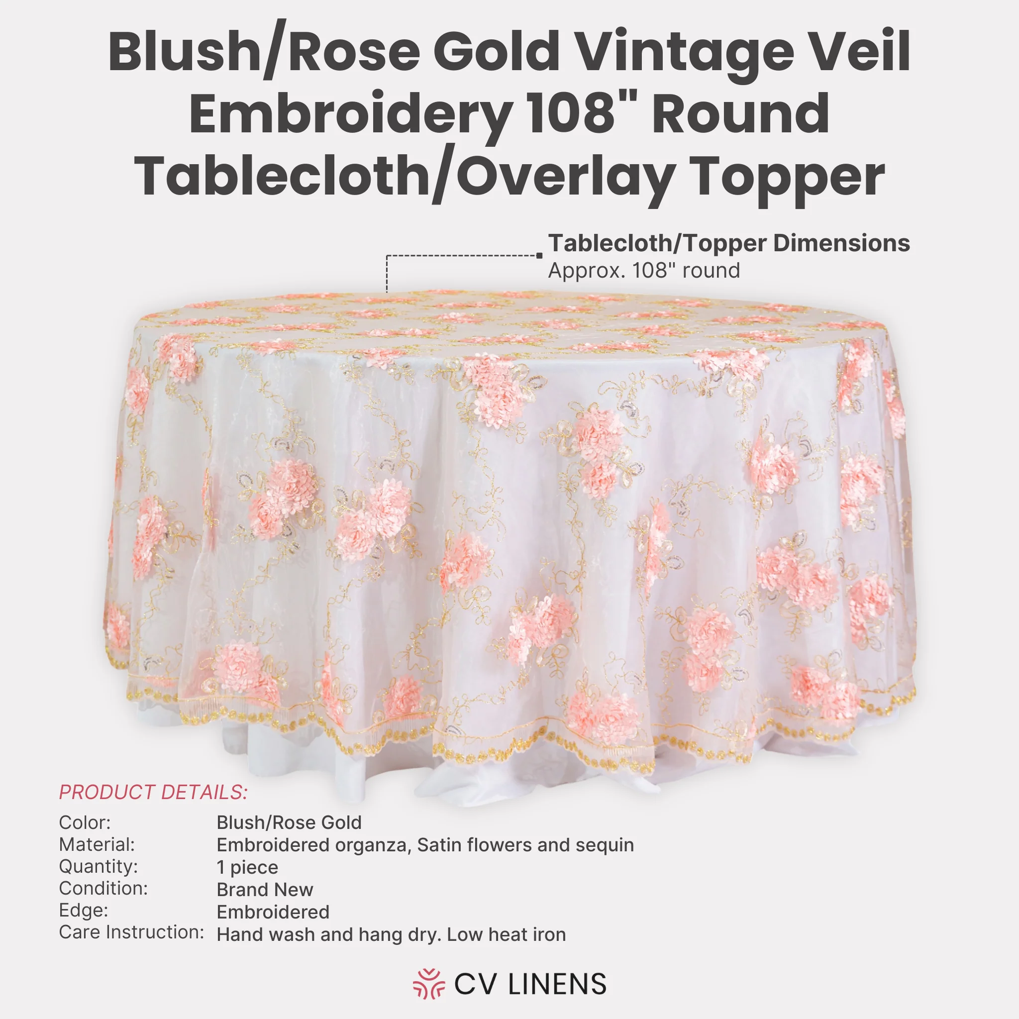 Vintage Veil Embroidery 108" Round Tablecloth/Overlay Topper - Blush/Rose Gold - Image 4