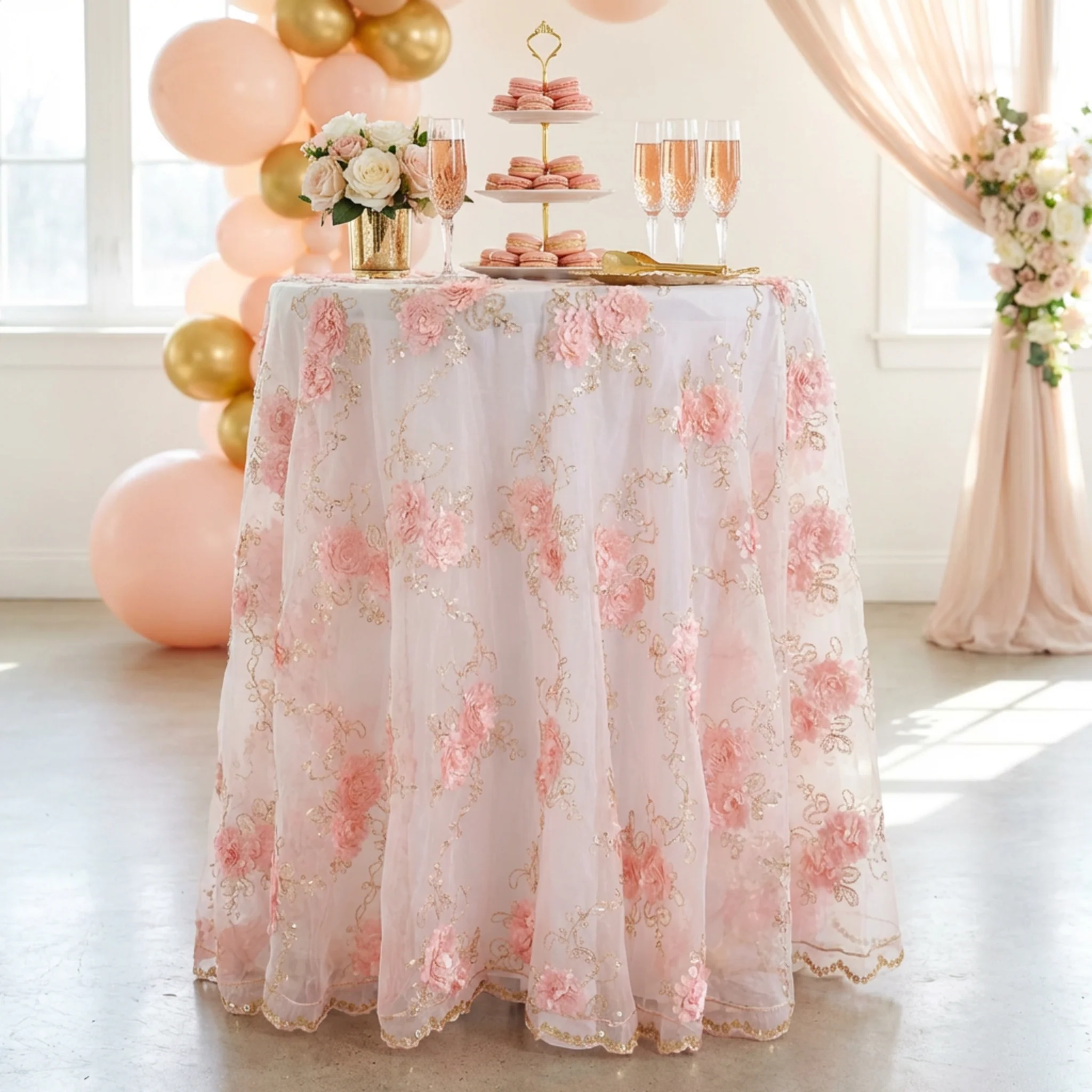 Vintage Veil Embroidery 108" Round Tablecloth/Overlay Topper - Blush/Rose Gold - Image 5
