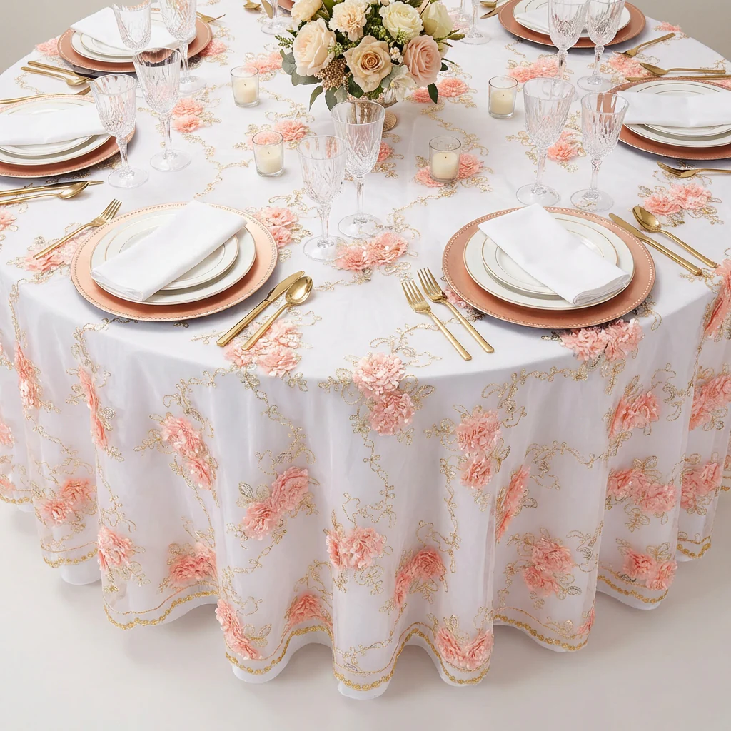 Vintage Veil Embroidery 108" Round Tablecloth/Overlay Topper - Blush/Rose Gold - Image 9