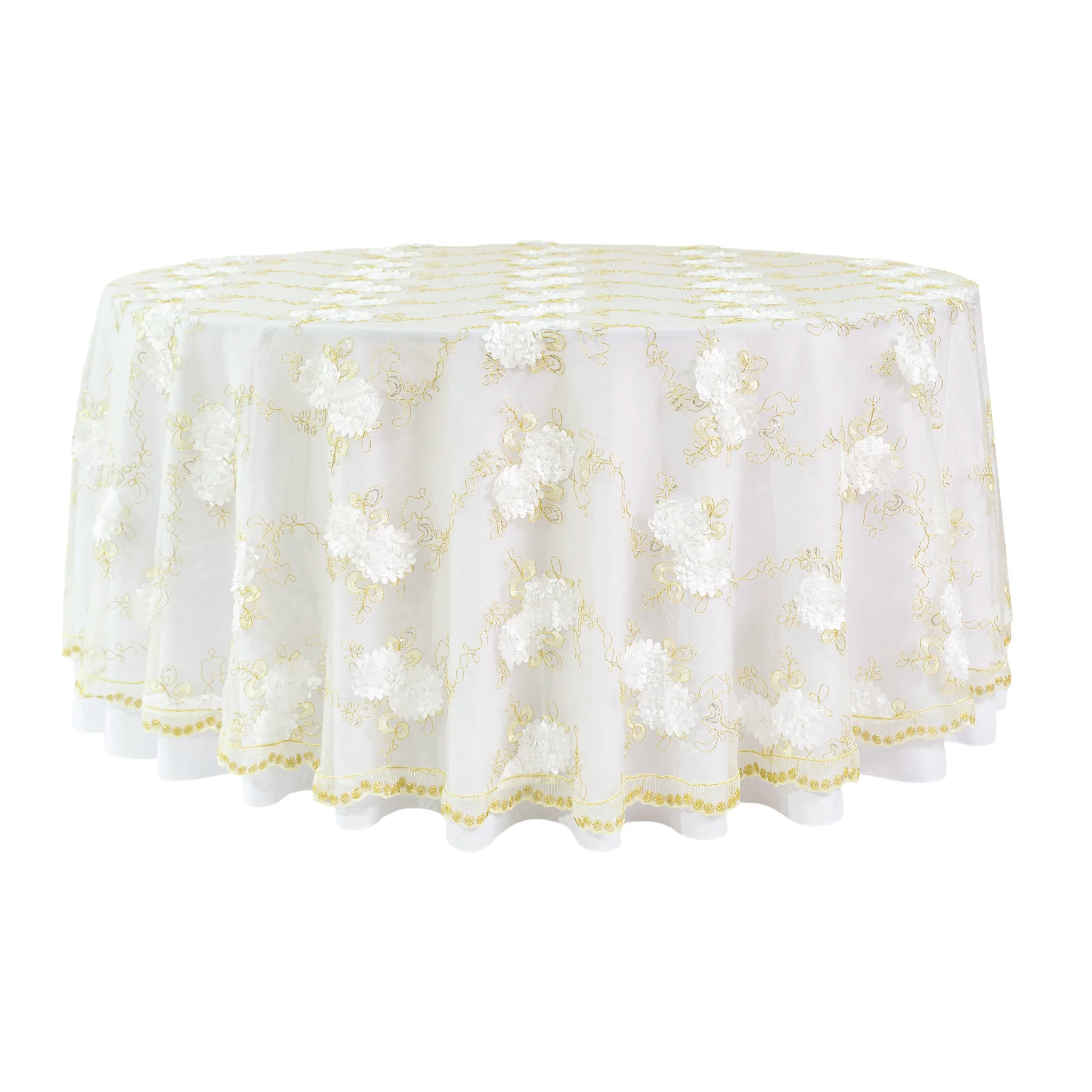 Vintage Veil Embroidery 108" Round Tablecloth/Overlay Topper - Gold/Ivory